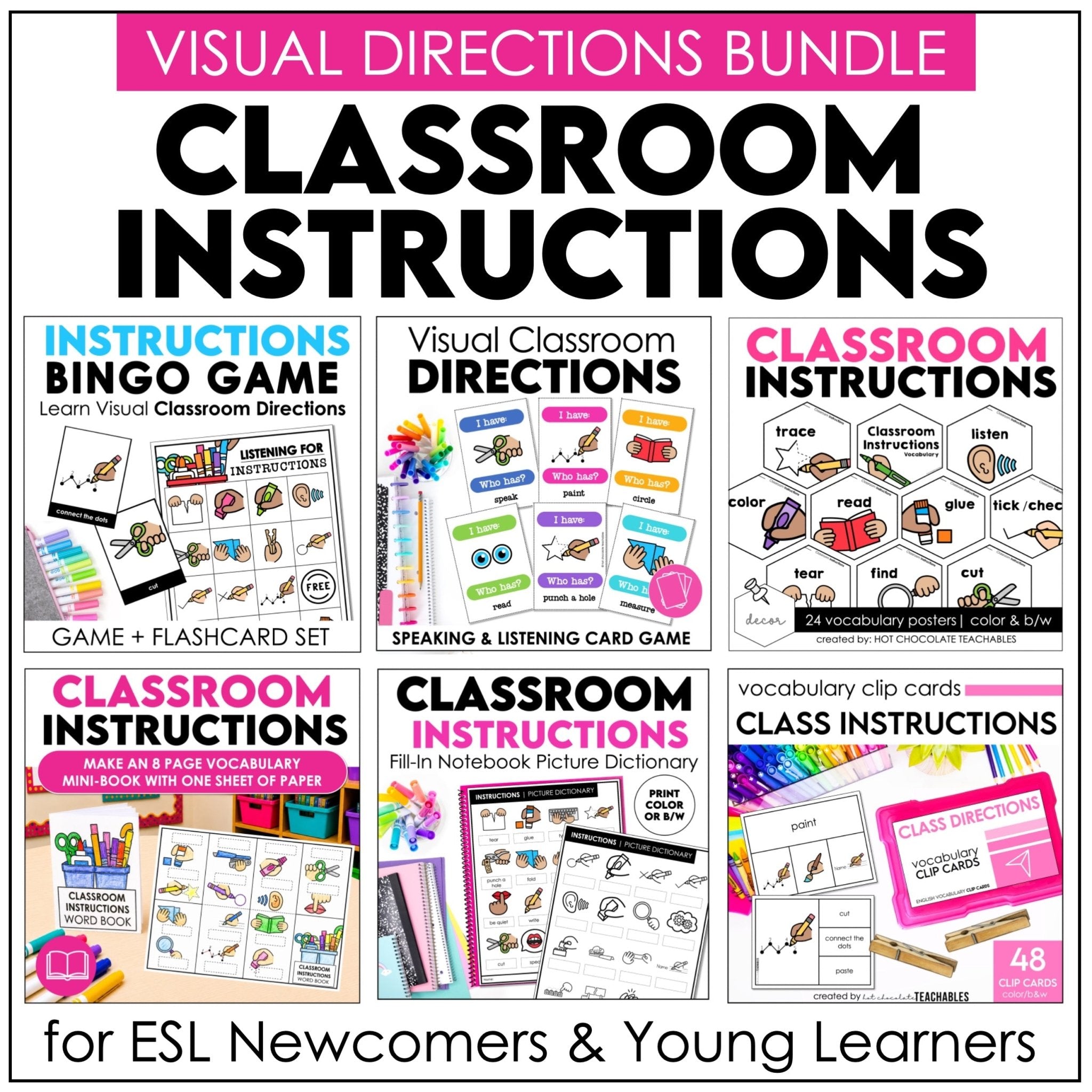 ESL Classroom Instructions Vocabulary Bundle | Word Wall Posters + Games - Hot Chocolate Teachables