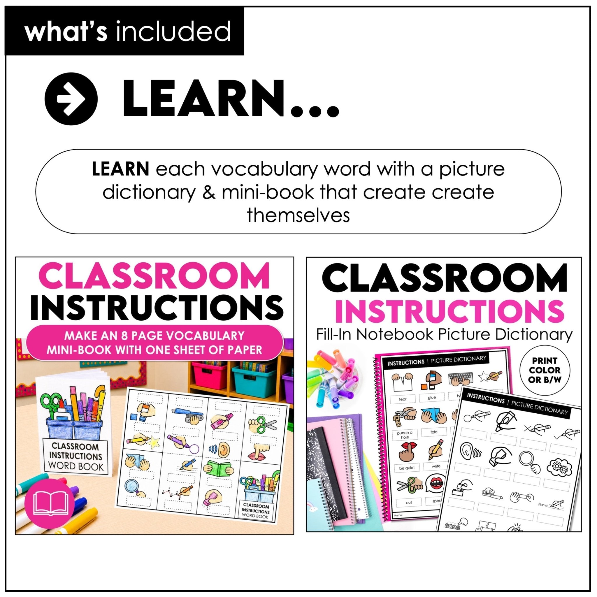 ESL Classroom Instructions Vocabulary Bundle | Word Wall Posters + Games - Hot Chocolate Teachables
