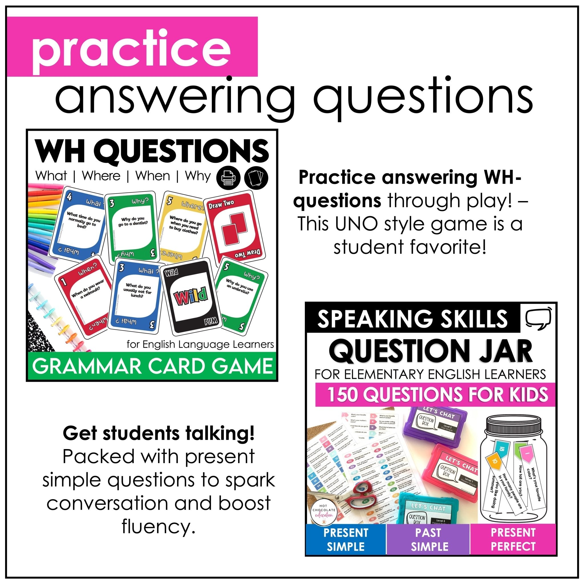 ESL Games Bundle Elementary Grammar and Vocabulary Building Activities - Hot Chocolate Teachables