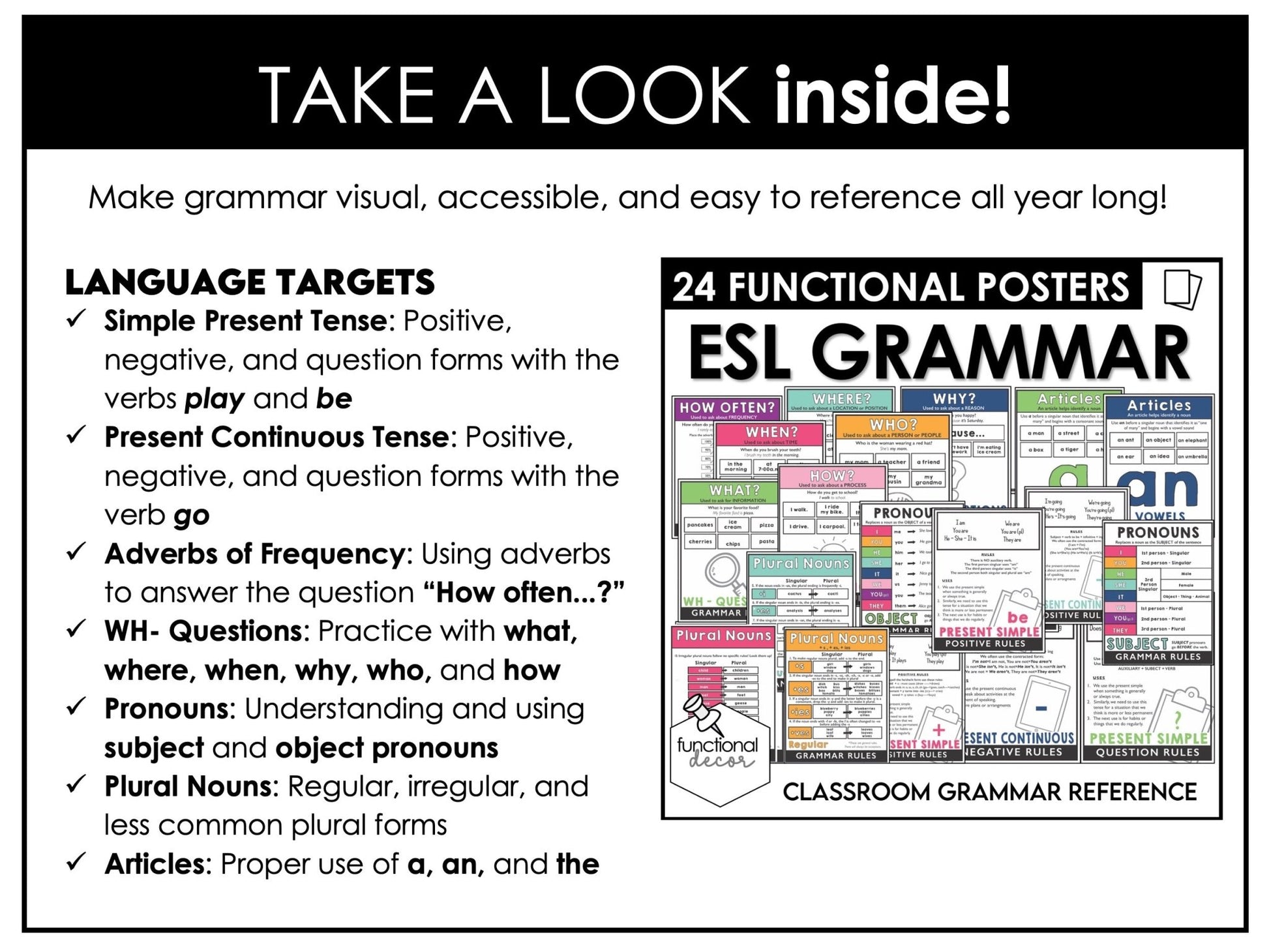 ESL Grammar Posters: Set of 24 visuals to use as Functional Classroom Decor - Hot Chocolate Teachables