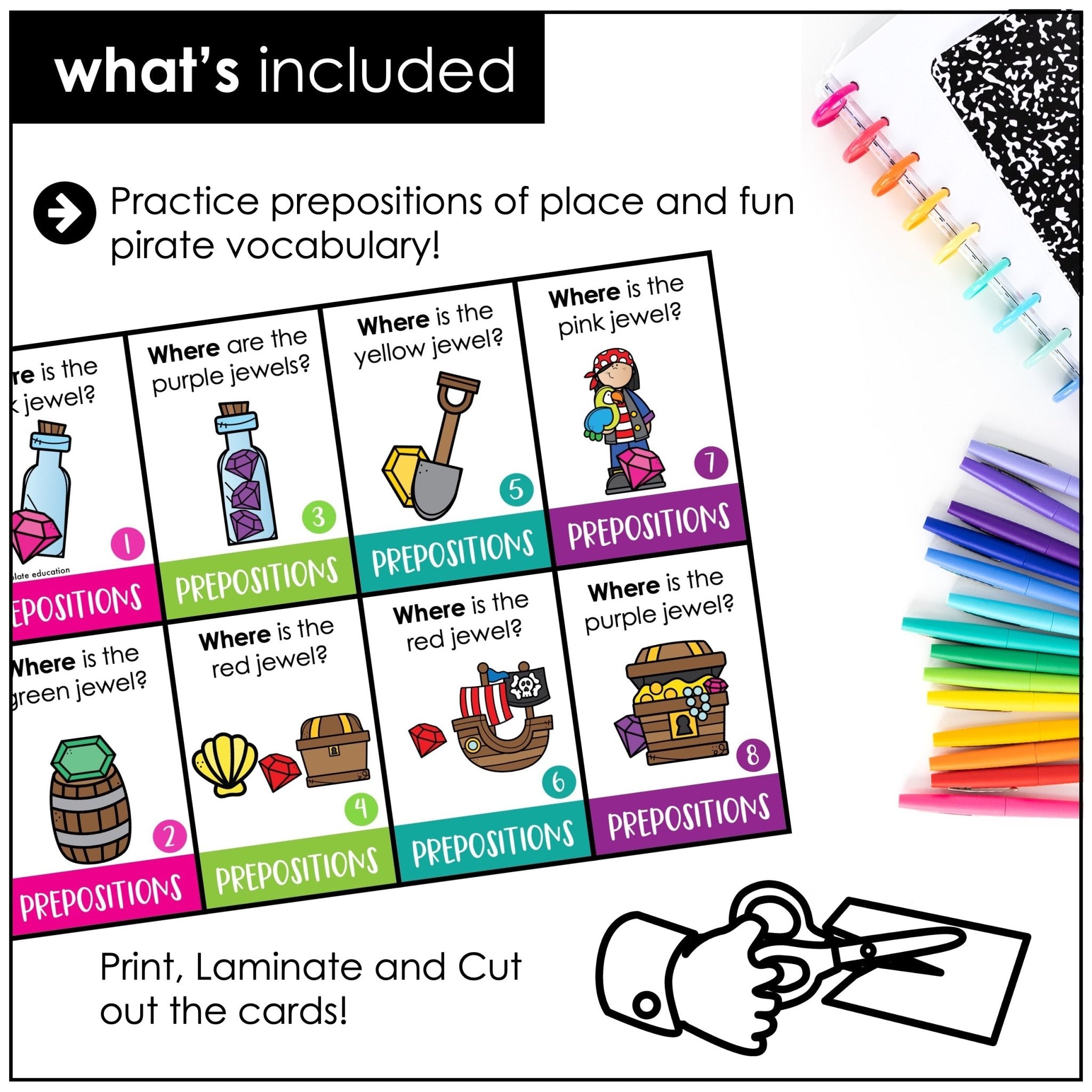 ESL Prepositions of Place Task Card Activity - Pirate Themed - Hot Chocolate Teachables