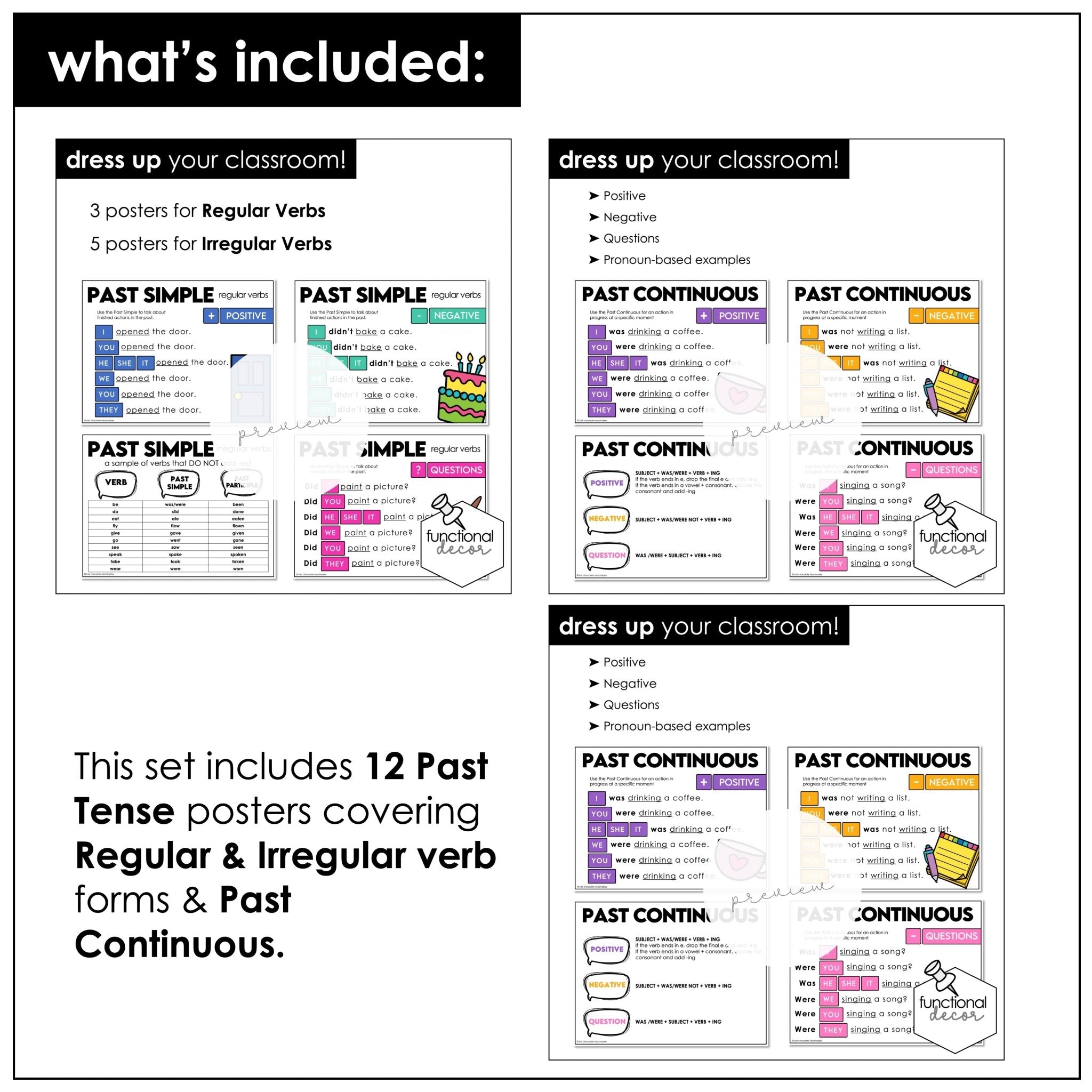 ESL Present & Past Tense Verb Conjugation Posters BUNDLE : Simple, Continuous, Perfect - Hot Chocolate Teachables