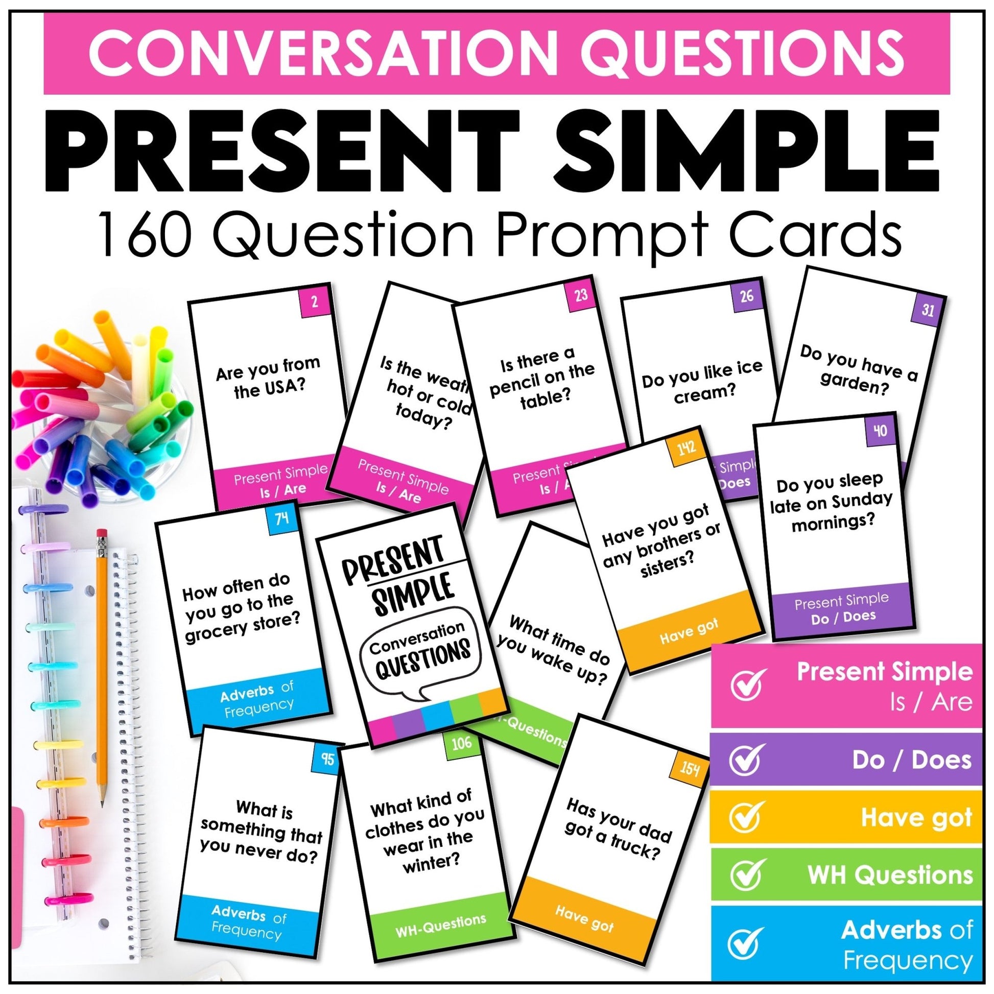 ESL Present Simple Speaking Cards – Conversation Practice for Students - Hot Chocolate Teachables