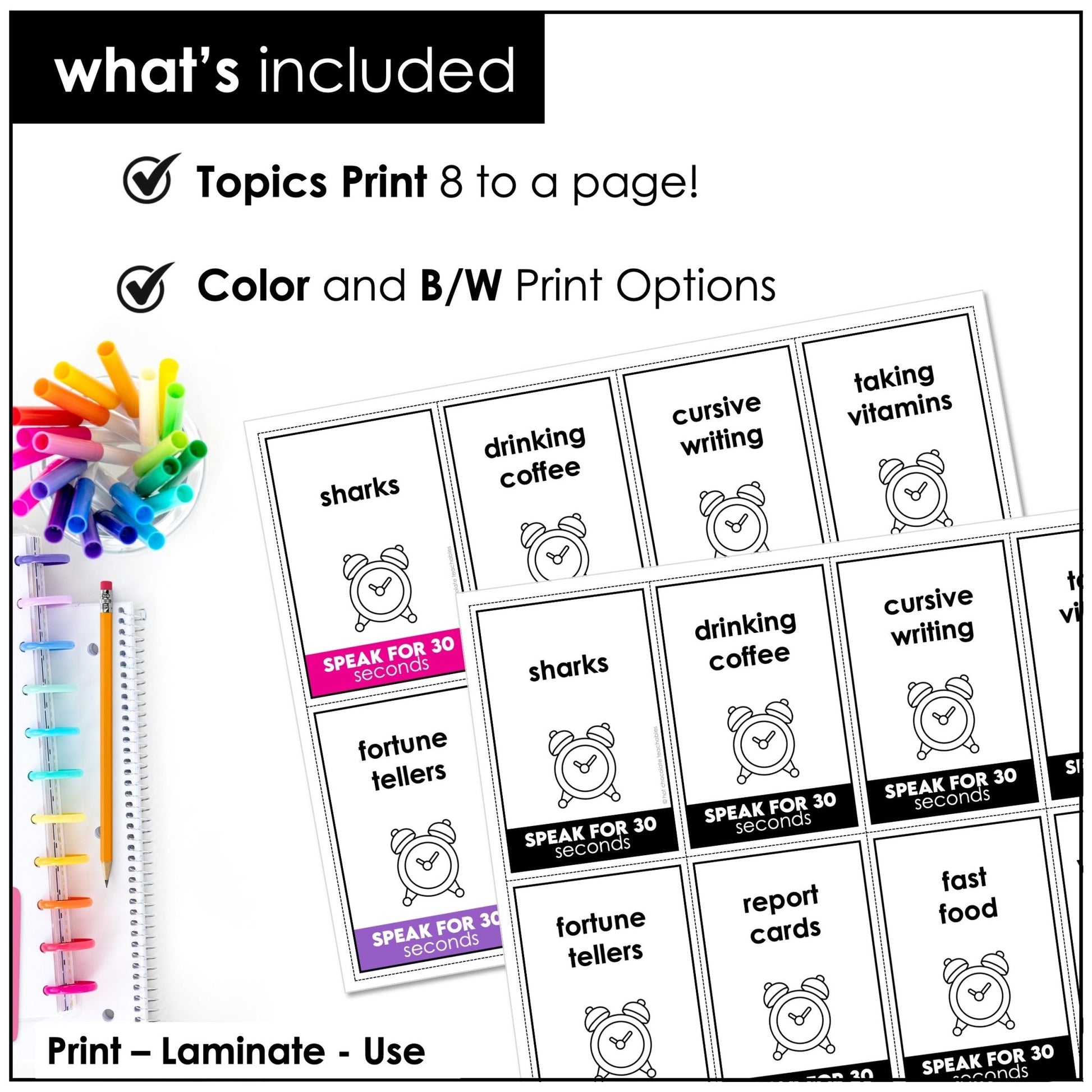 ESL Speaking Topic Prompts - Speak for 30 Seconds Discussion Cards - Hot Chocolate Teachables