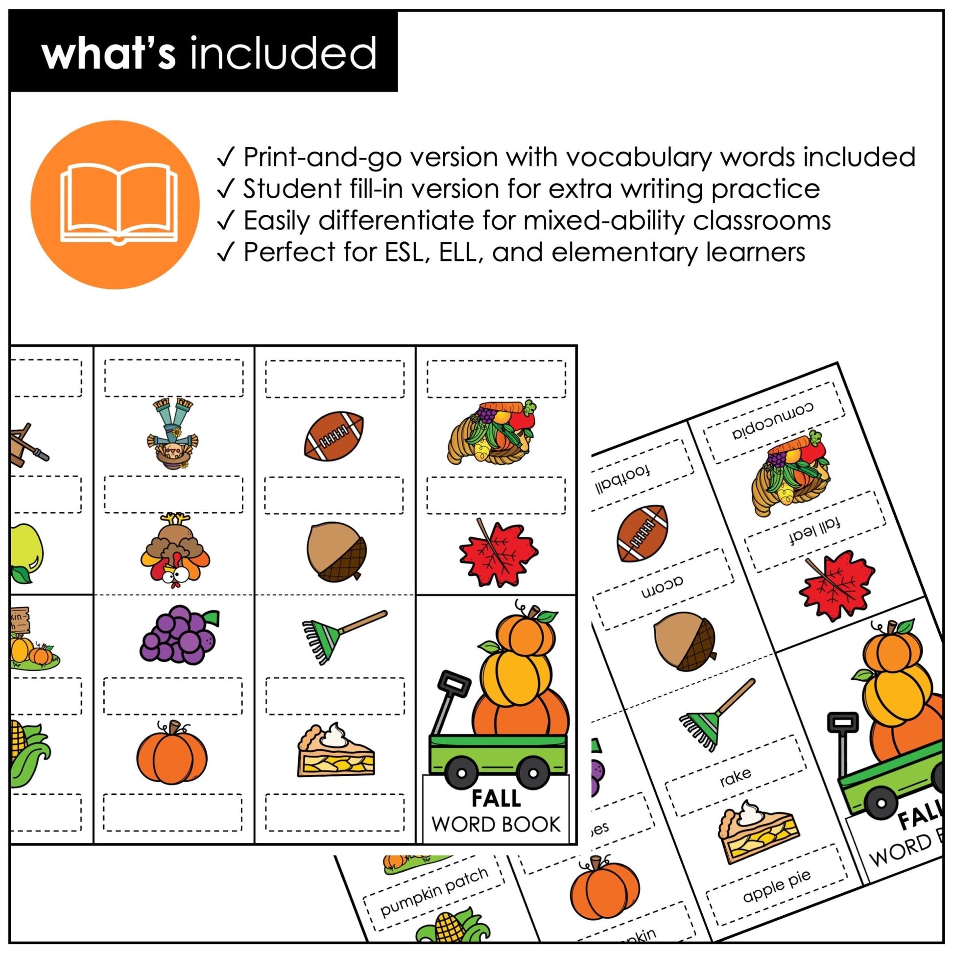 Fall Vocabulary Word Mini Book | ESL Autumn Picture Dictionary Activity - Hot Chocolate Teachables