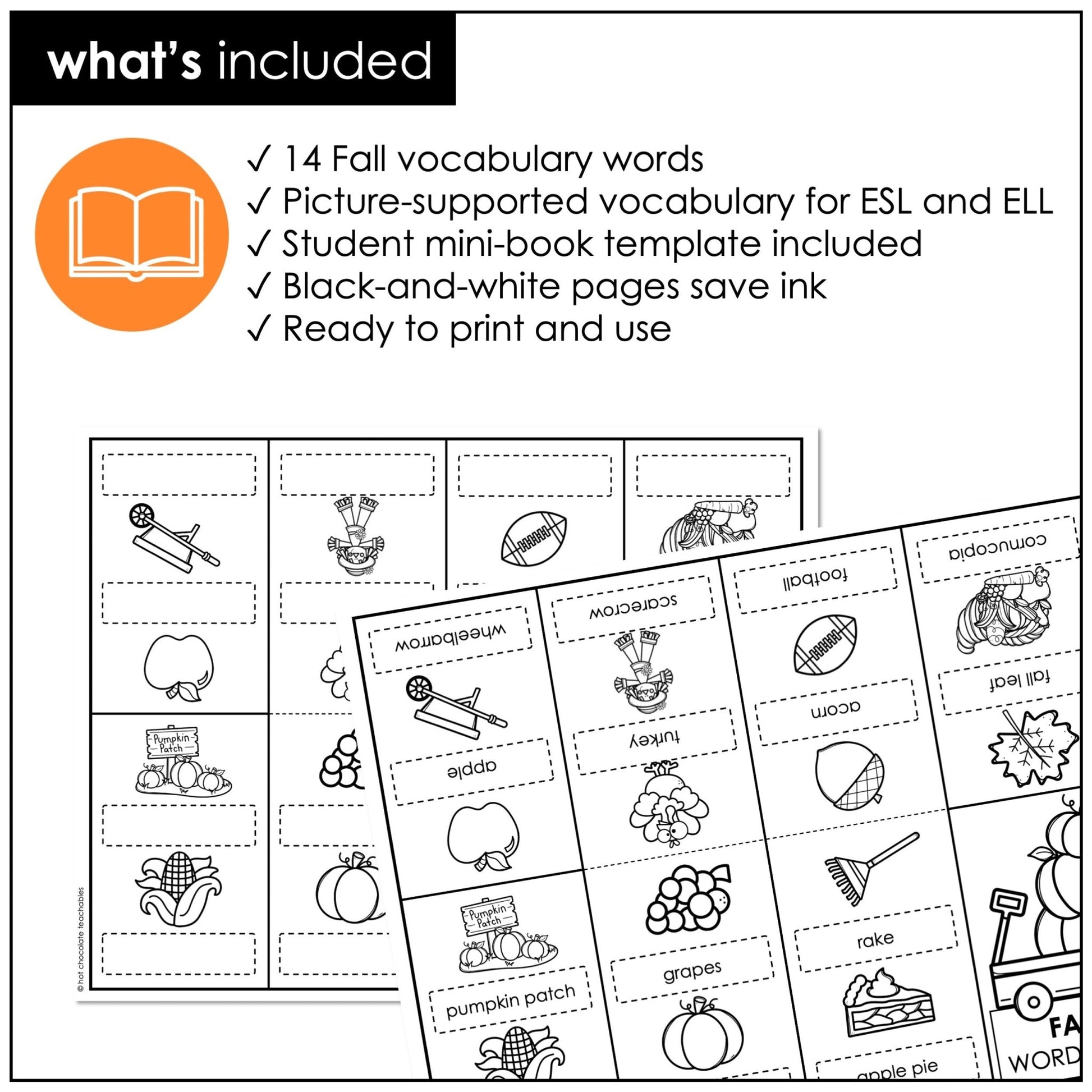 Fall Vocabulary Word Mini Book | ESL Autumn Picture Dictionary Activity - Hot Chocolate Teachables