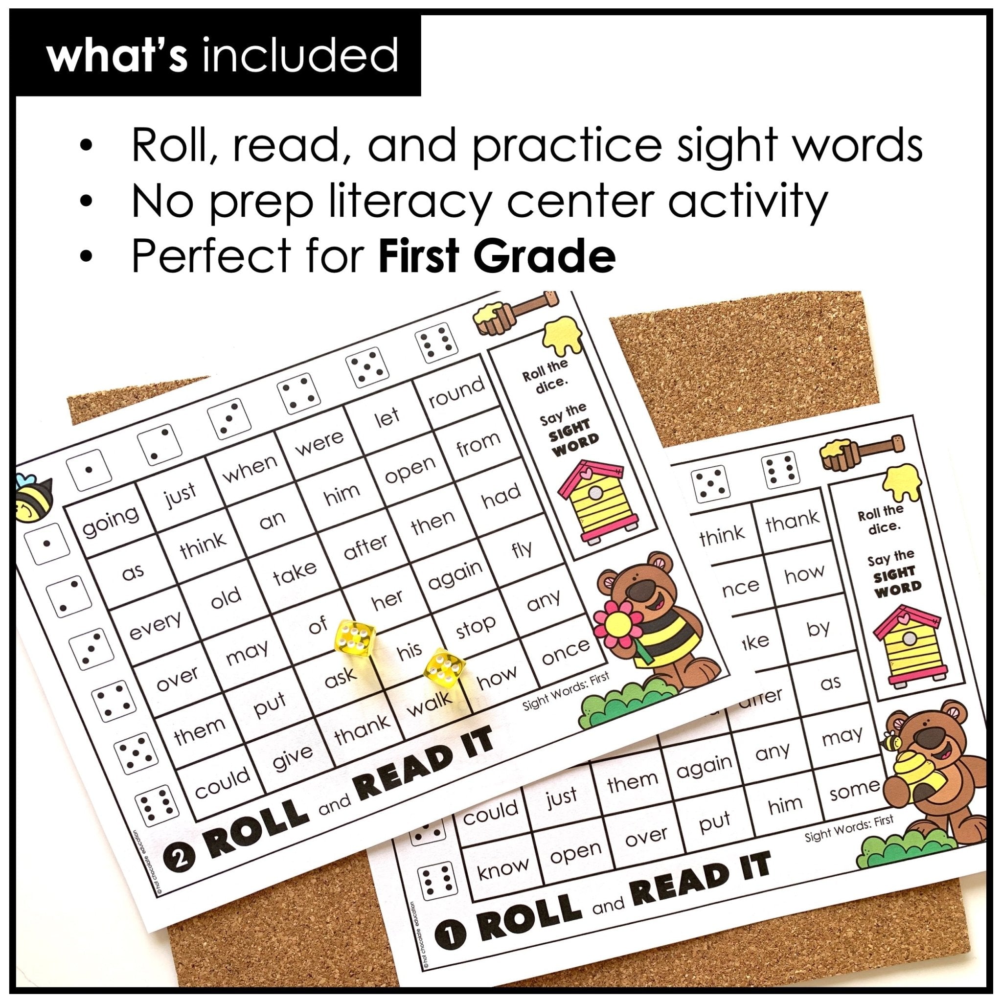 First Grade Sight Words Dice Game - Dolch Sight Word Reading Center Activity - Hot Chocolate Teachables