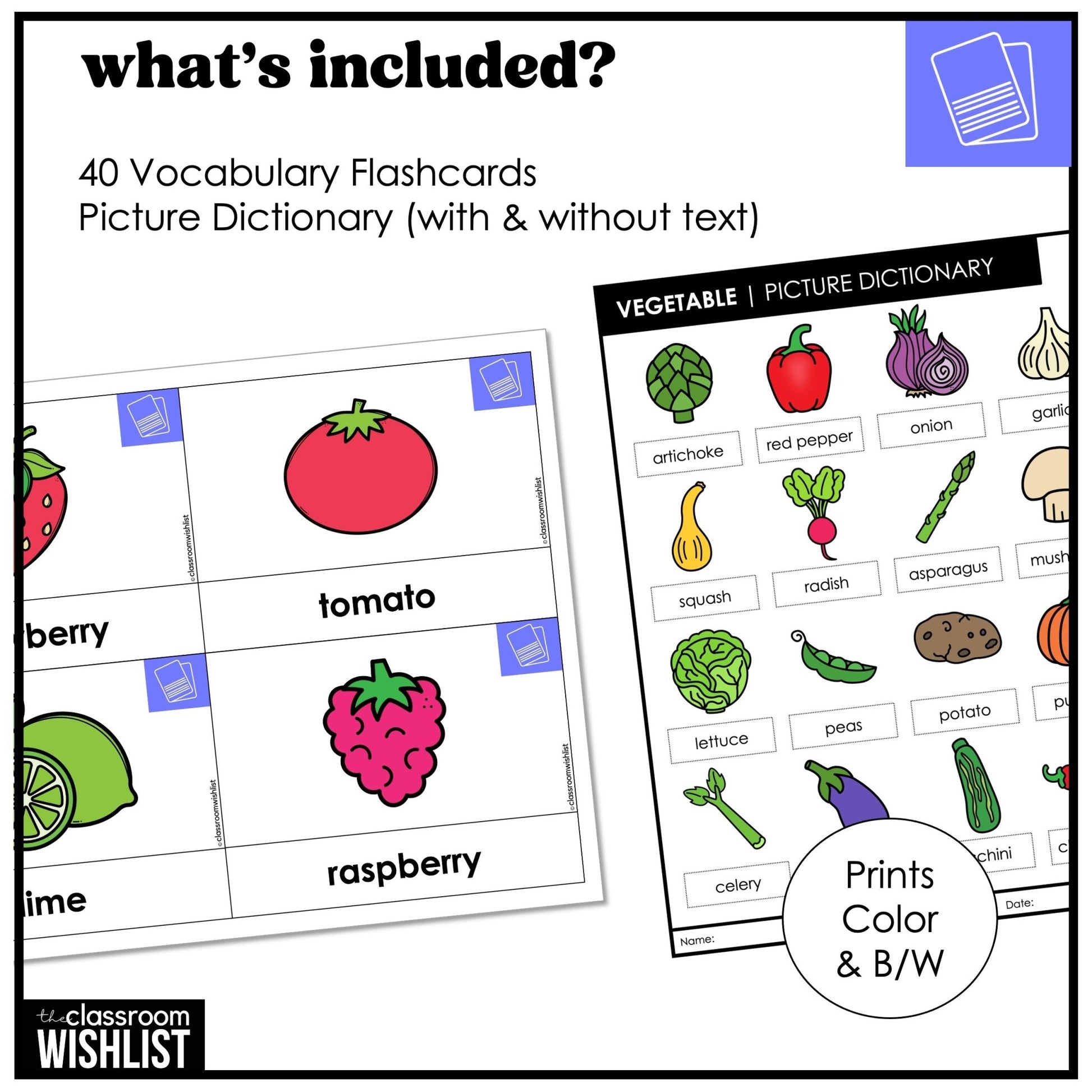 Fruit & Vegetable Vocabulary Pack: Flashcards & Picture Dictionary ESL / ELL - Hot Chocolate Teachables
