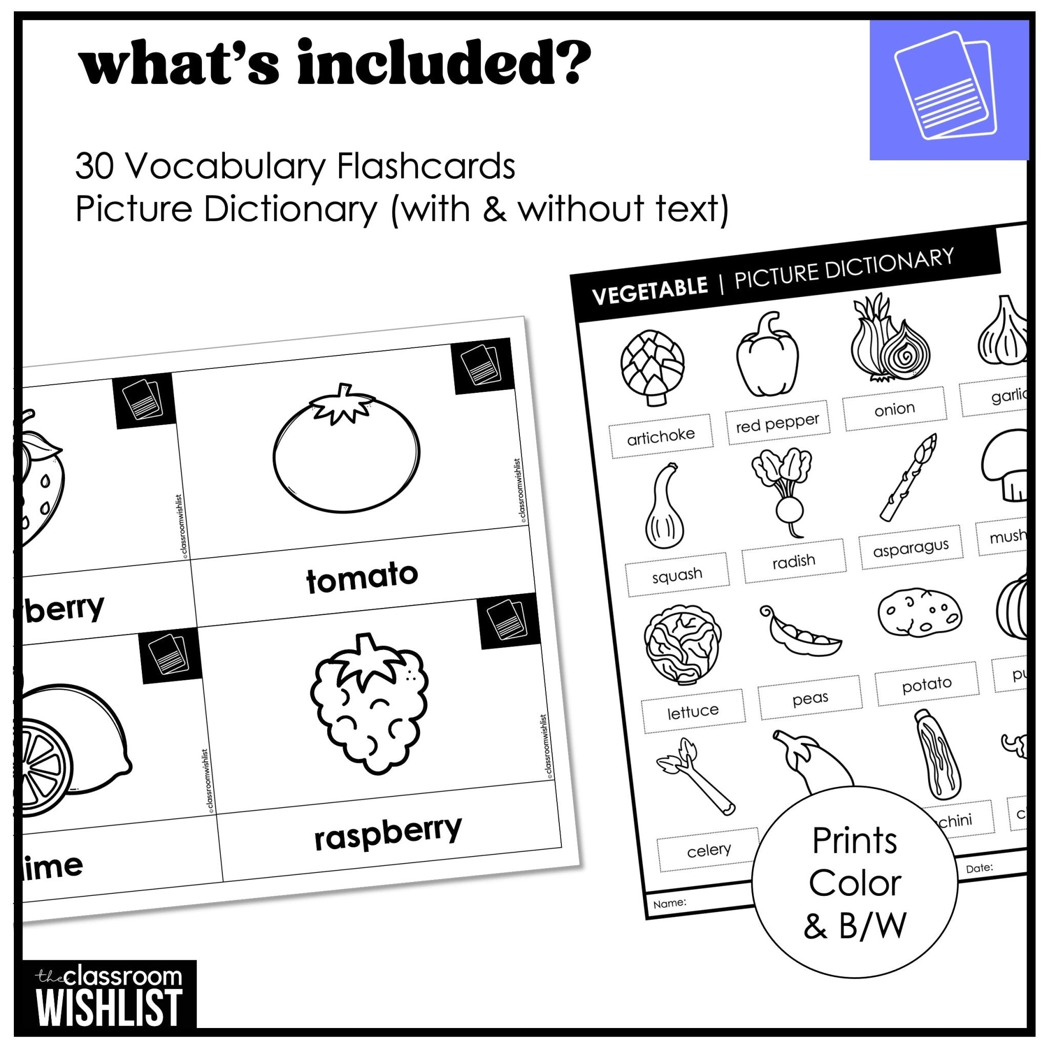 Fruit & Vegetable Vocabulary Pack: Flashcards & Picture Dictionary ESL / ELL - Hot Chocolate Teachables