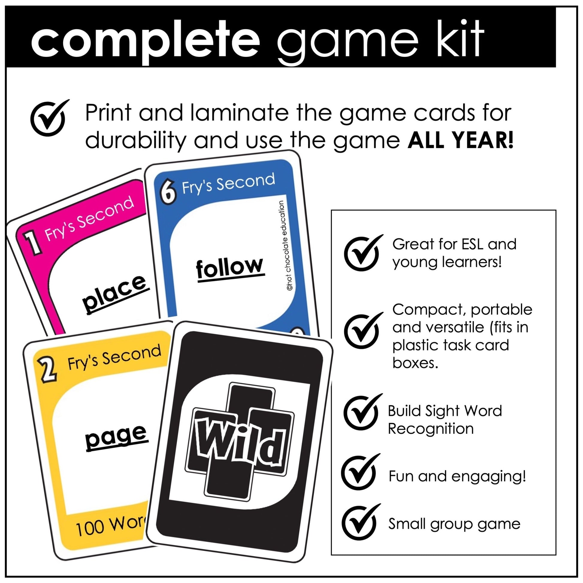 Fry's Sight Words Card Game - Second 100 Words for 2nd Grade - Plays like UNO - Hot Chocolate Teachables