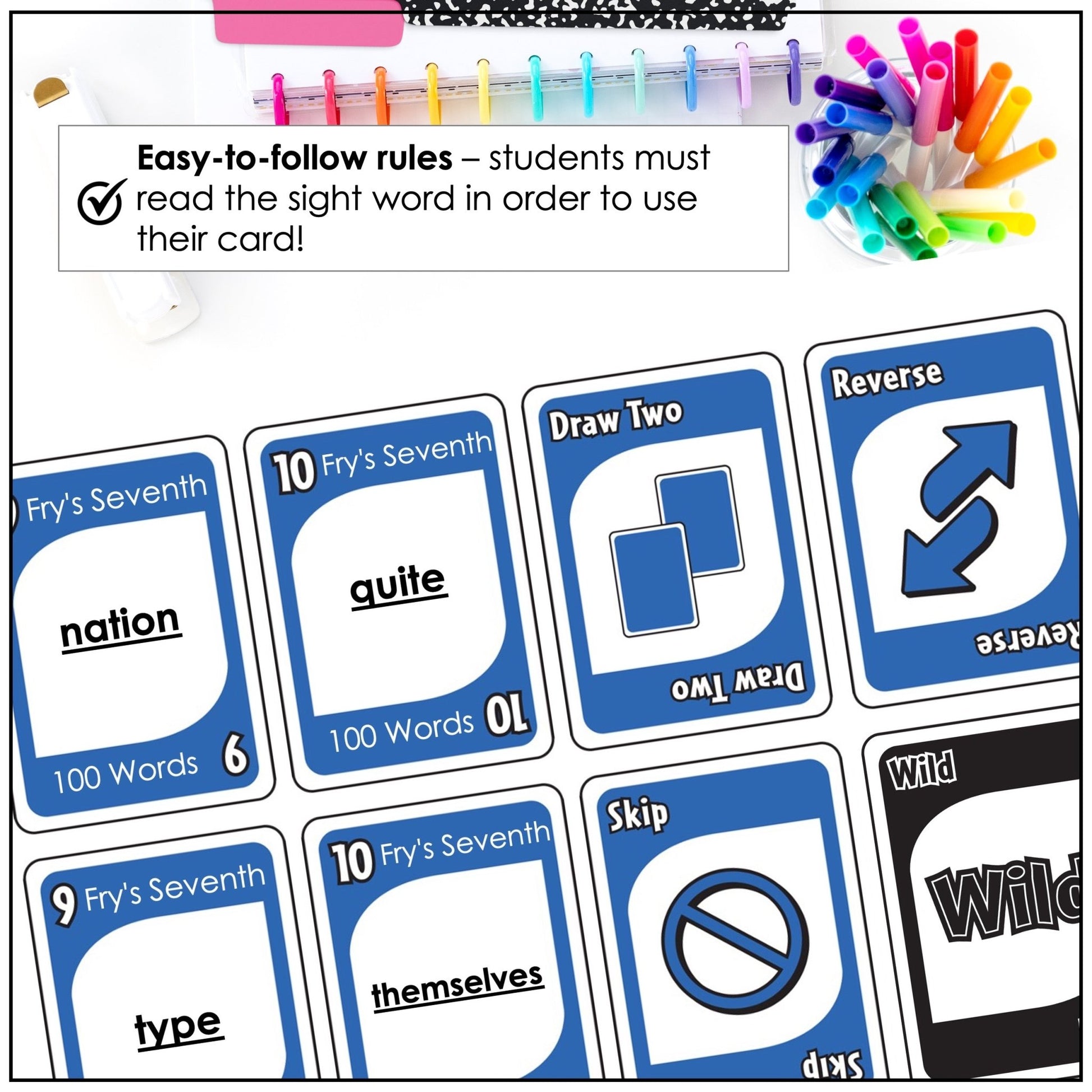 Fry's Sight Words Card Game - Seventh Hundred Words - Plays like UNO - Hot Chocolate Teachables