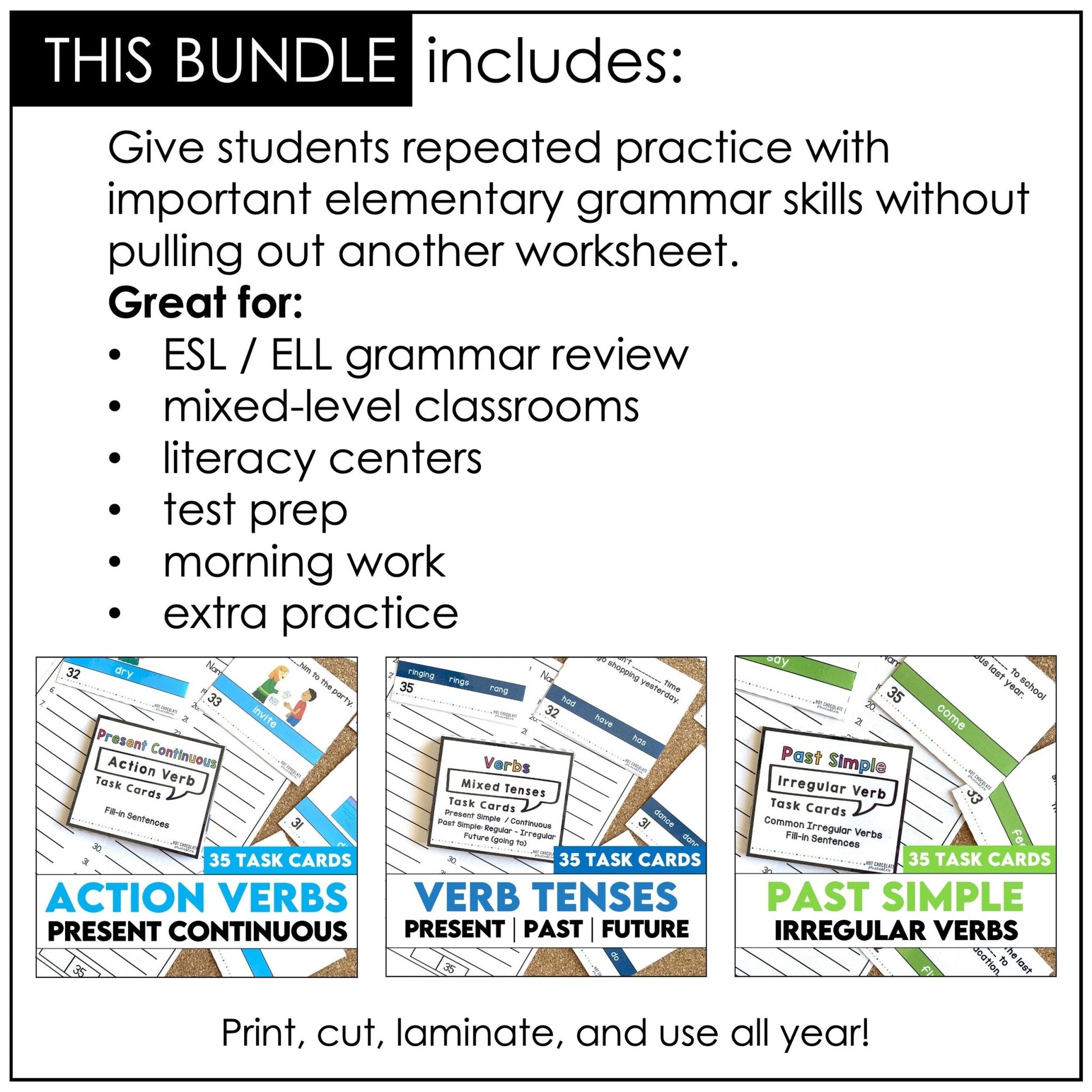 Grammar & Vocabulary Task Card Bundle - Hot Chocolate Teachables