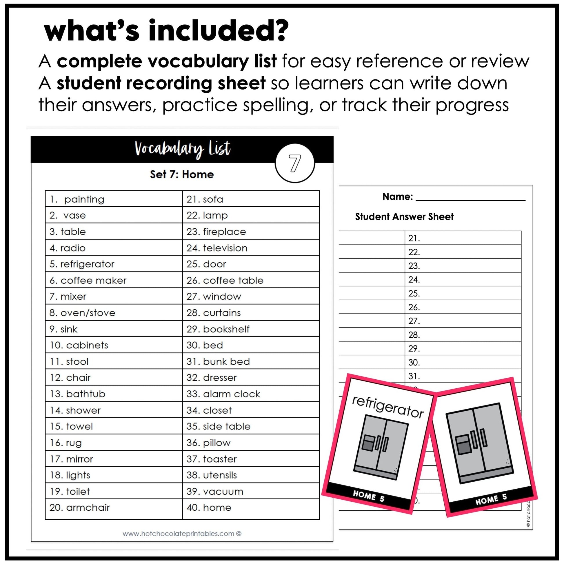 House & Furniture Vocabulary Flashcards for ESL - Kitchen, Bath, Home - Hot Chocolate Teachables