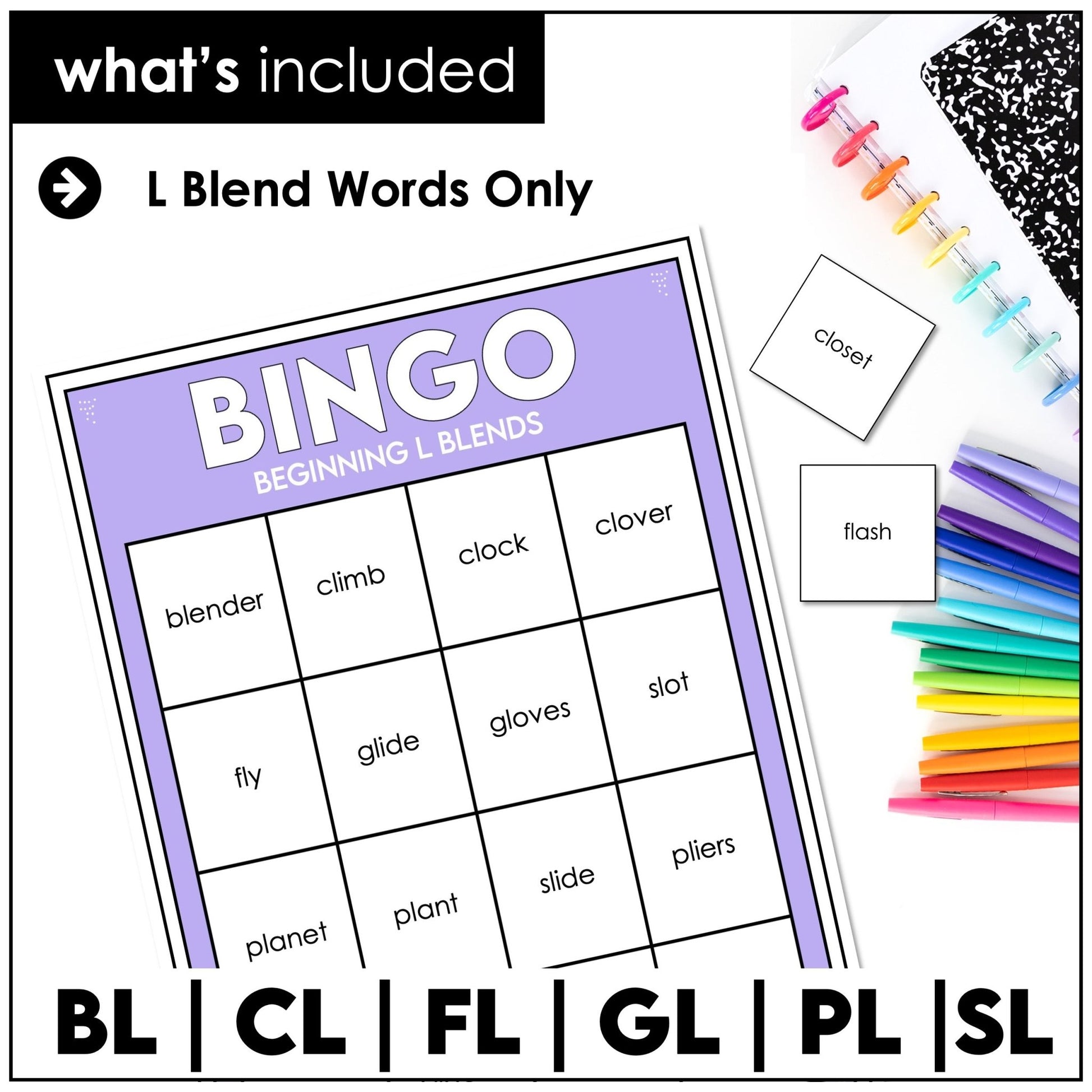 L Blends Bingo Game – Beginning Consonant Blends BL, CL, FL, GL, PL, SL Phonics - Hot Chocolate Teachables