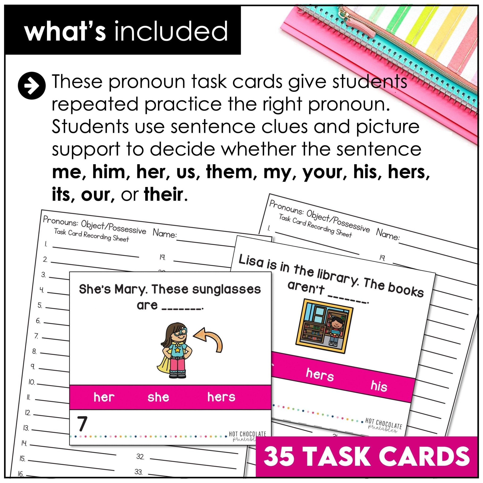 Object and Possessive Pronoun Task Cards - Hot Chocolate Teachables