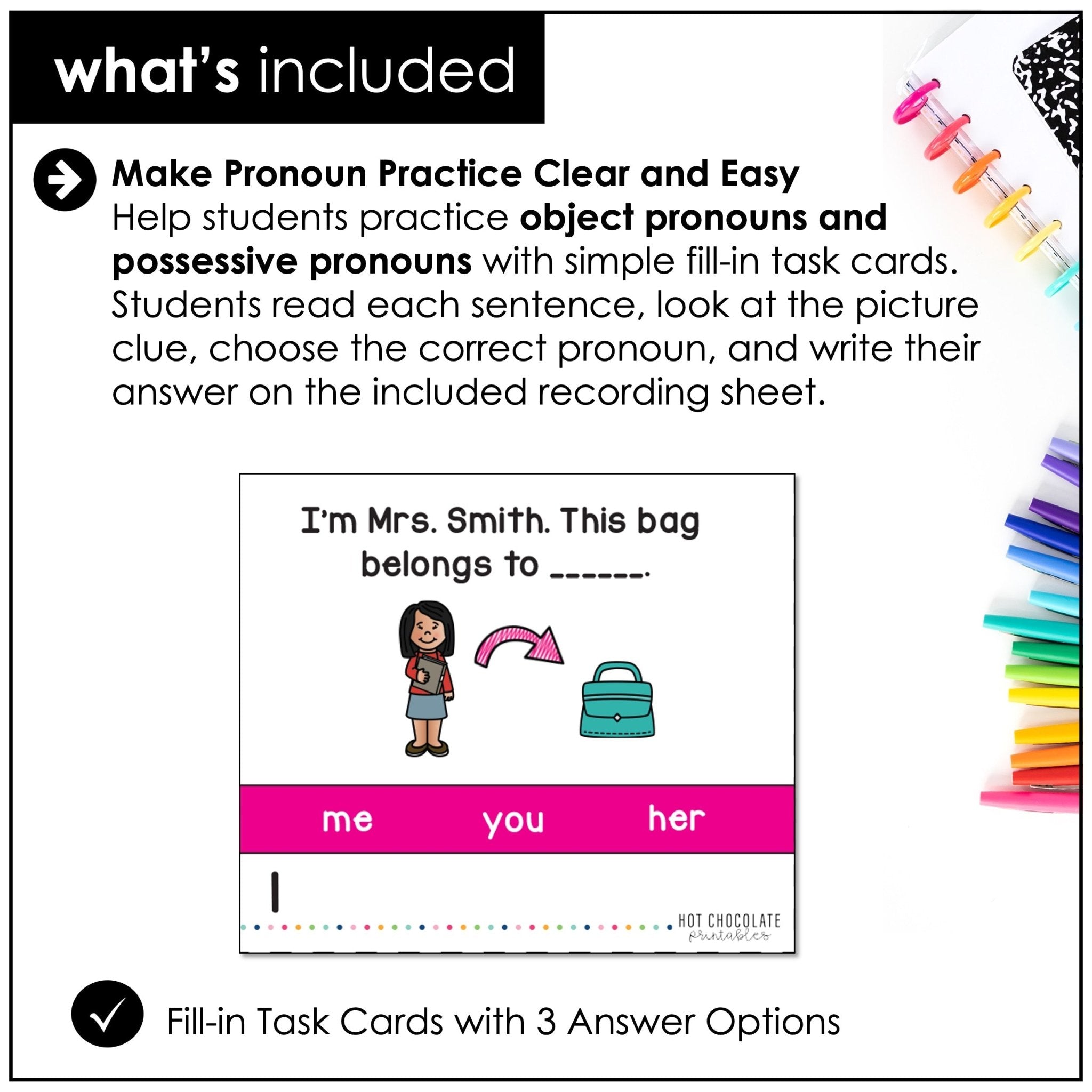 Object and Possessive Pronoun Task Cards - Hot Chocolate Teachables