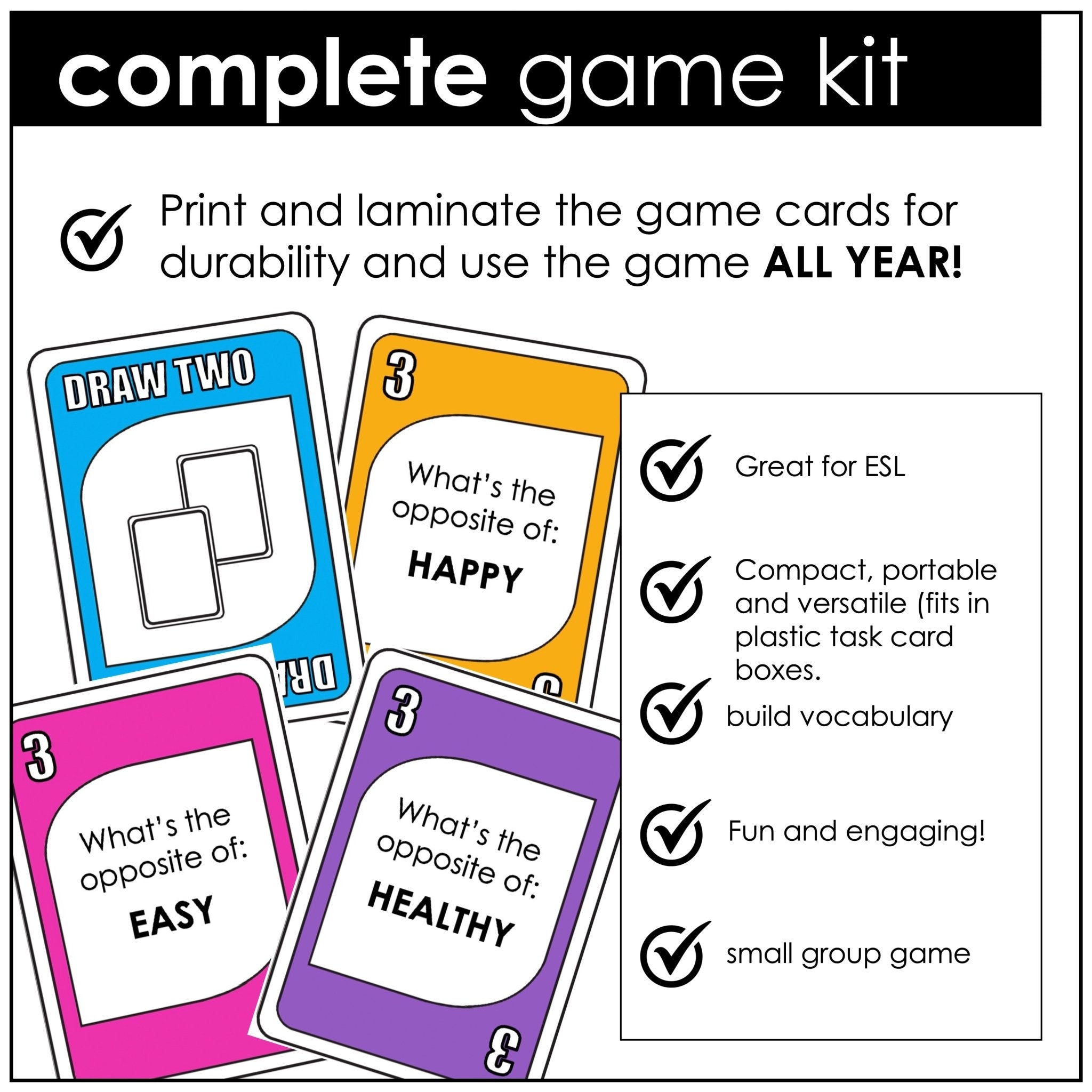 Opposites: Vocabulary UNO Inspired Card Game - Antonyms - Hot Chocolate Teachables