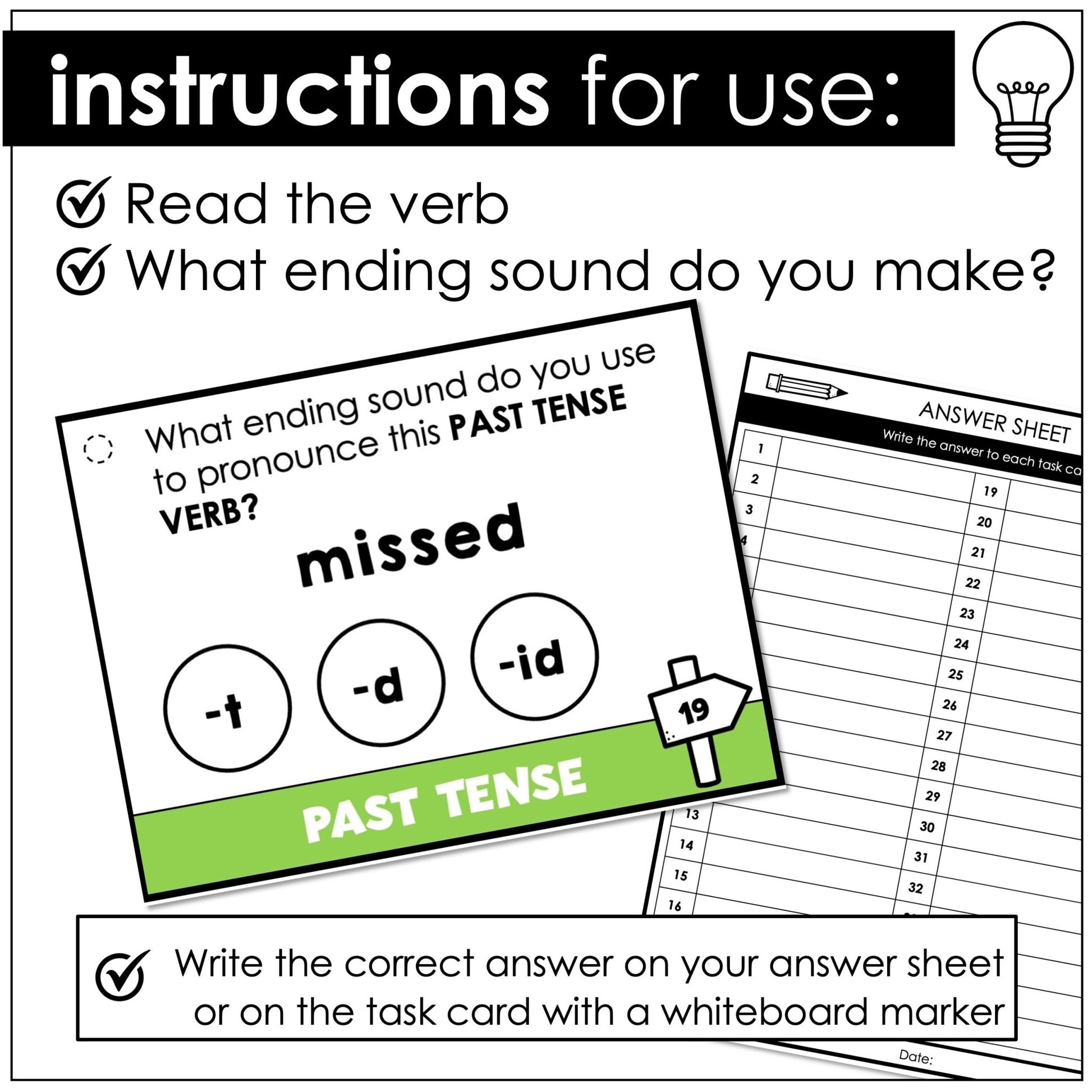 Past Tense Verb Ending Pronunciation Task Cards -t -d -id | Sounds of -ed - Hot Chocolate Teachables
