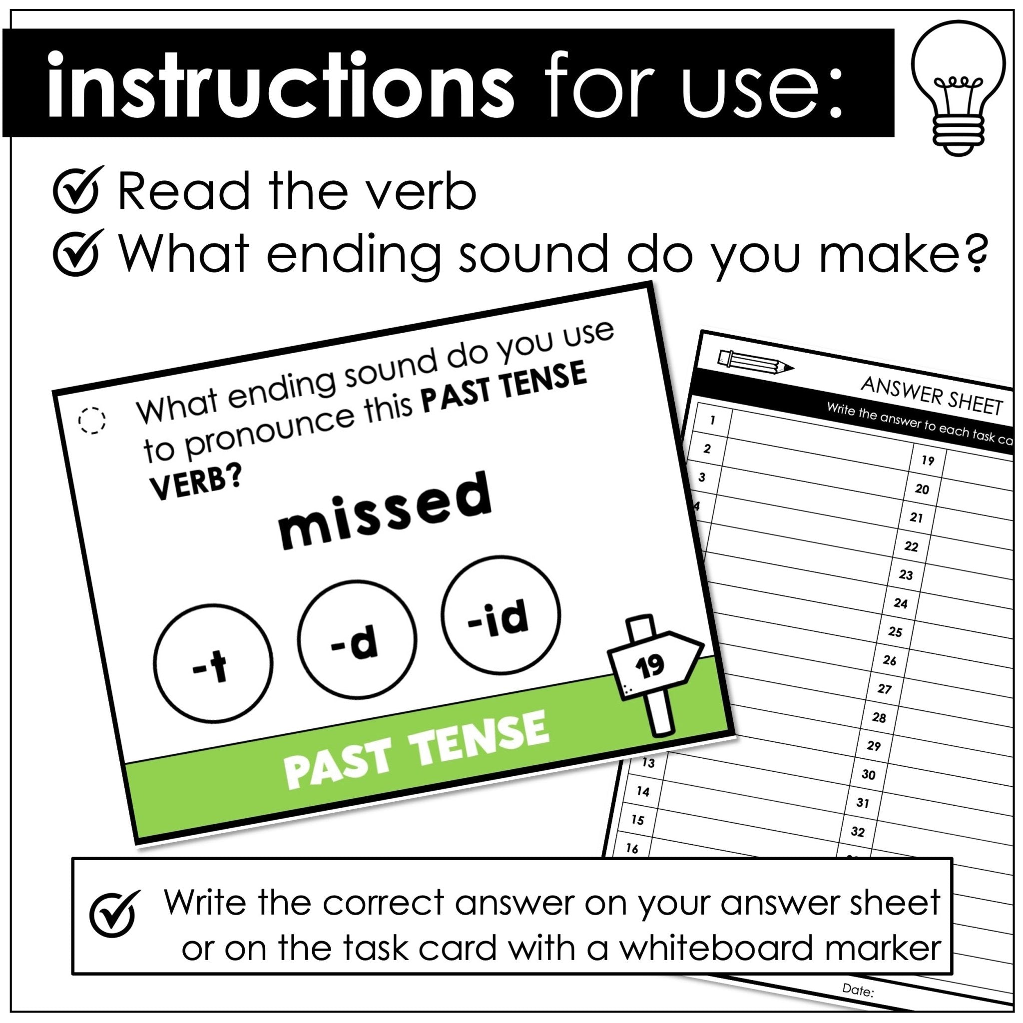 Past Tense Verb Ending Pronunciation Task Cards -t -d -id | Sounds of -ed - Hot Chocolate Teachables
