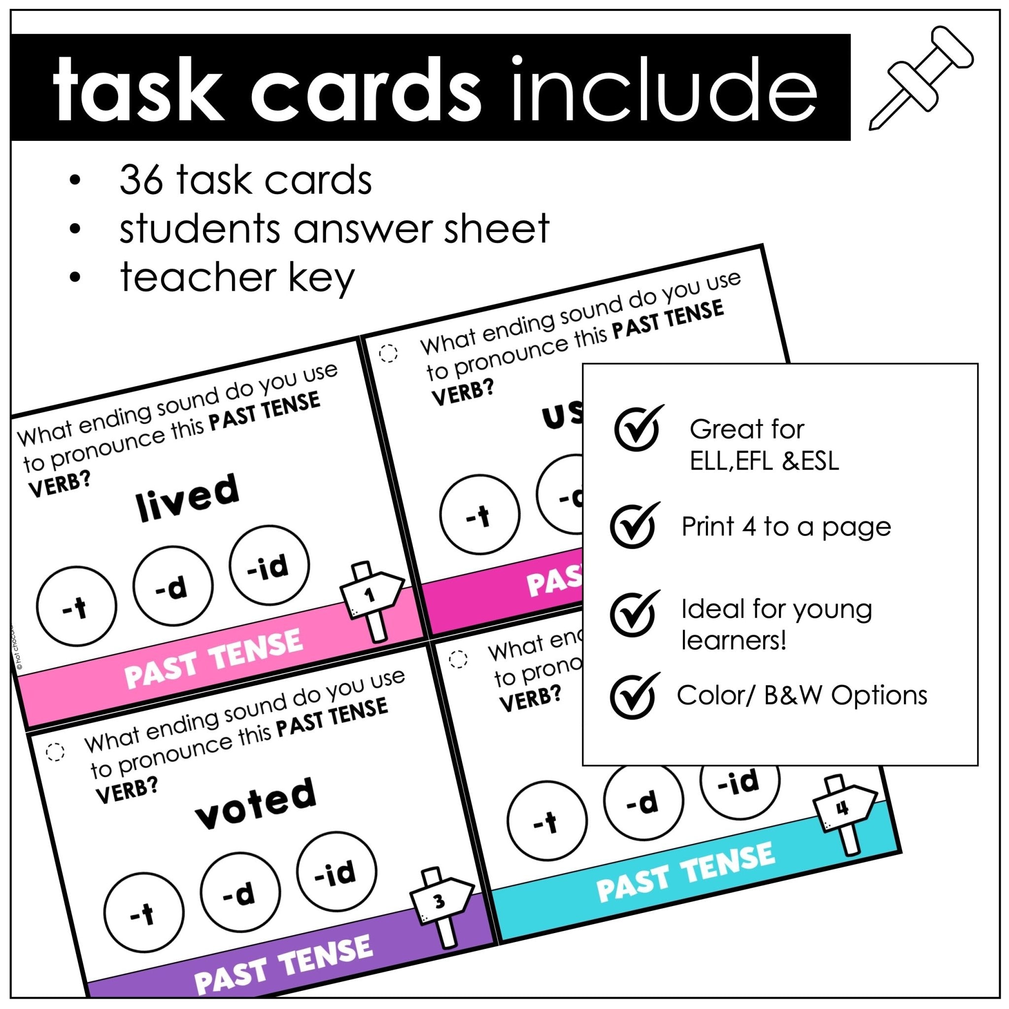 Past Tense Verb Ending Pronunciation Task Cards -t -d -id | Sounds of -ed - Hot Chocolate Teachables