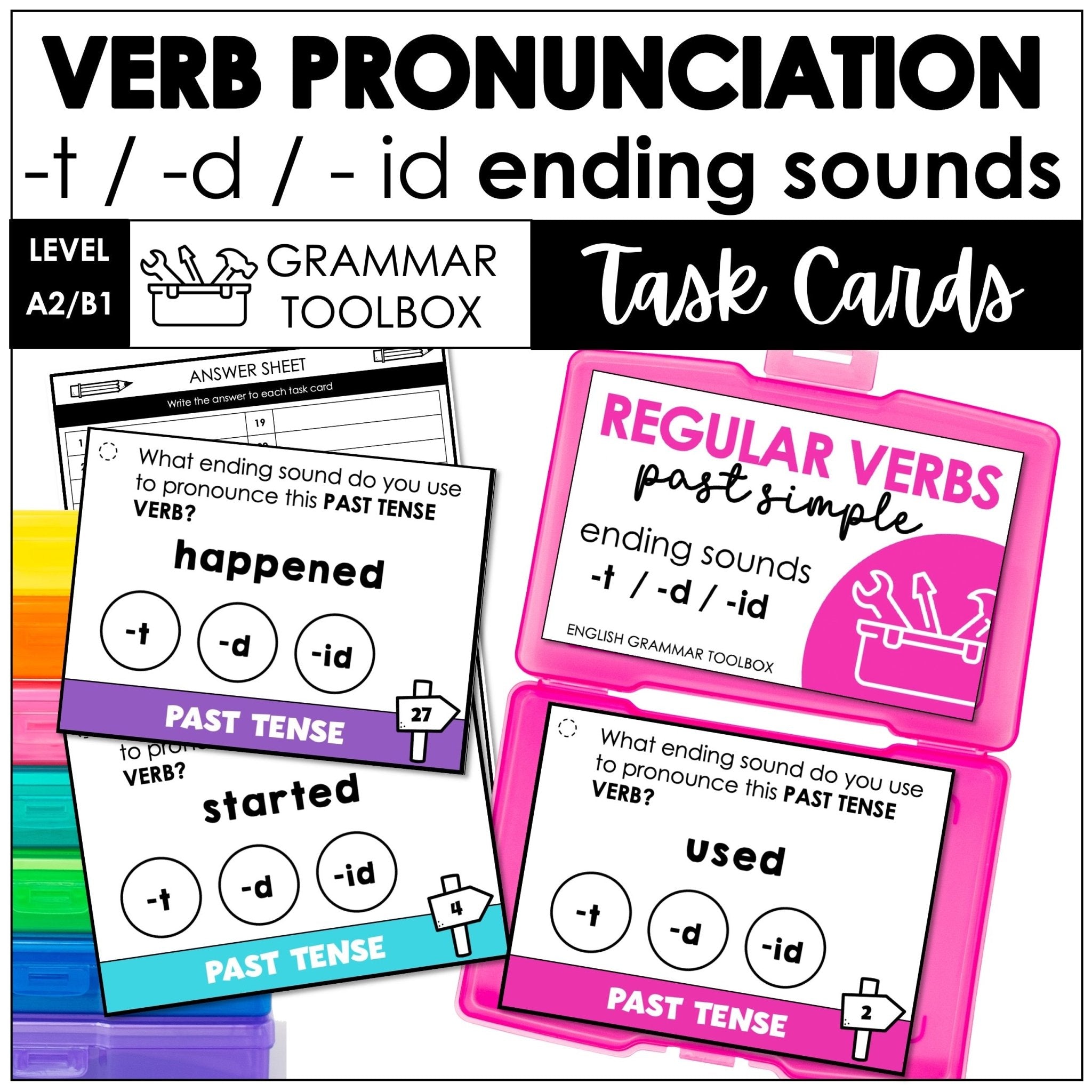 Past Tense Verb Ending Pronunciation Task Cards -t -d -id | Sounds of -ed - Hot Chocolate Teachables