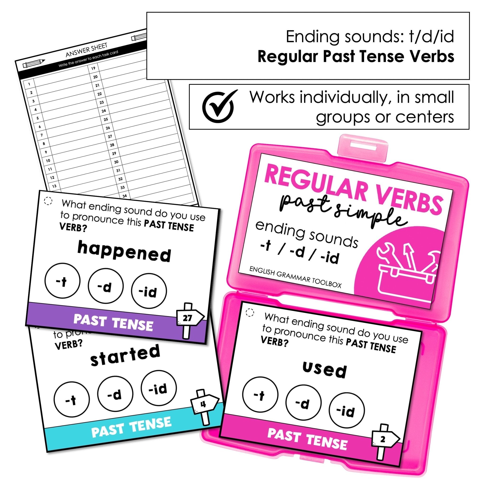 Past Tense Verb Ending Pronunciation Task Cards -t -d -id | Sounds of -ed - Hot Chocolate Teachables