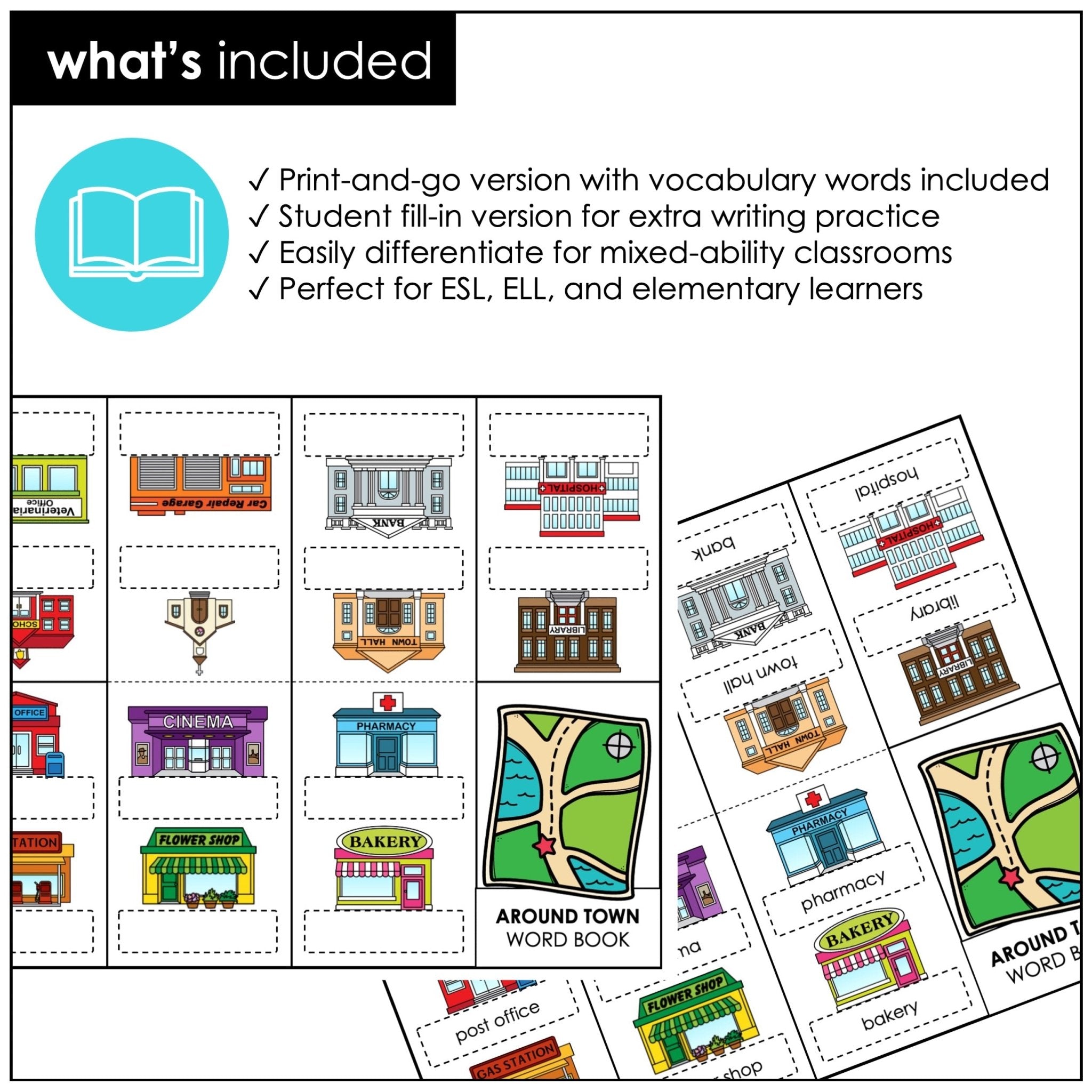 Places & Buildings in a Town or City Vocabulary Building Mini-Book - Hot Chocolate Teachables