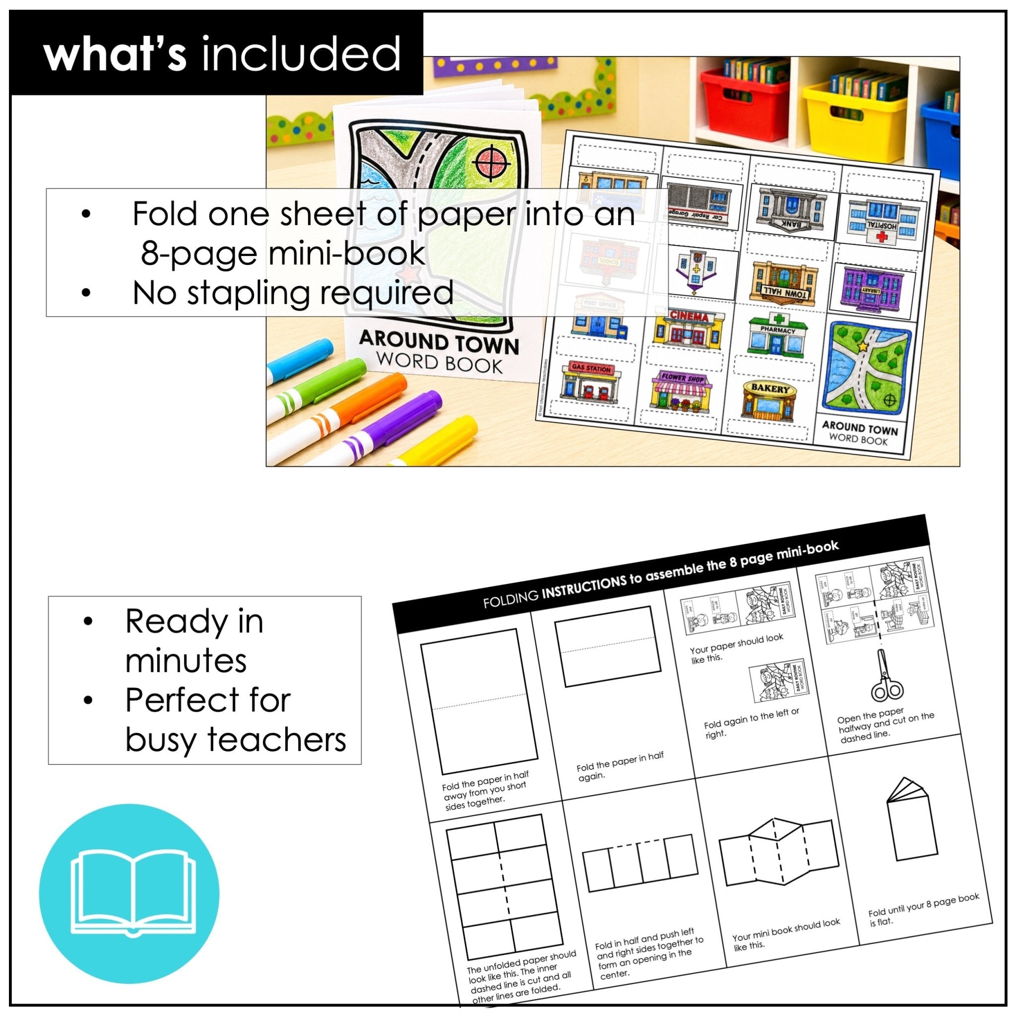 Places & Buildings in a Town or City Vocabulary Building Mini-Book - Hot Chocolate Teachables