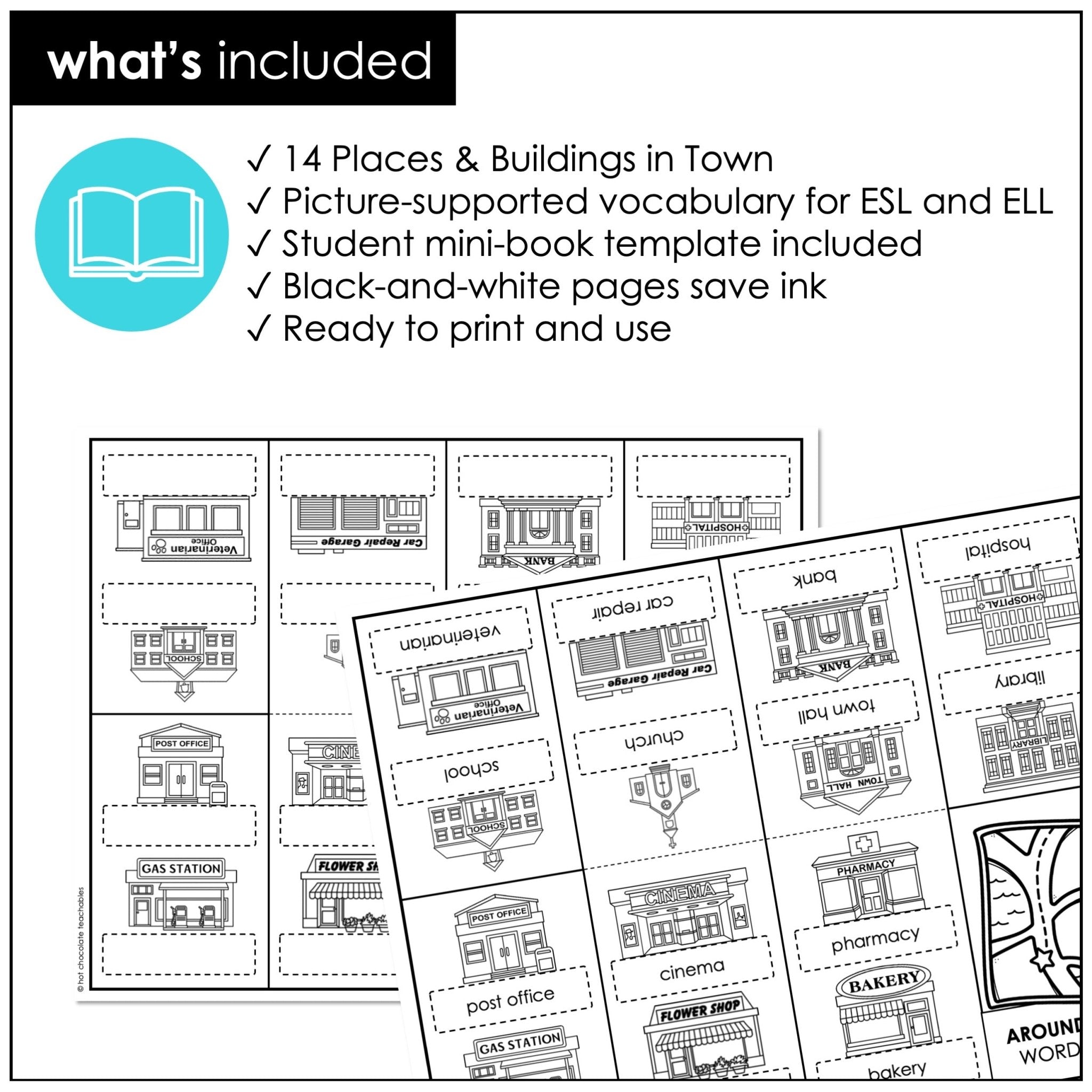 Places & Buildings in a Town or City Vocabulary Building Mini-Book - Hot Chocolate Teachables