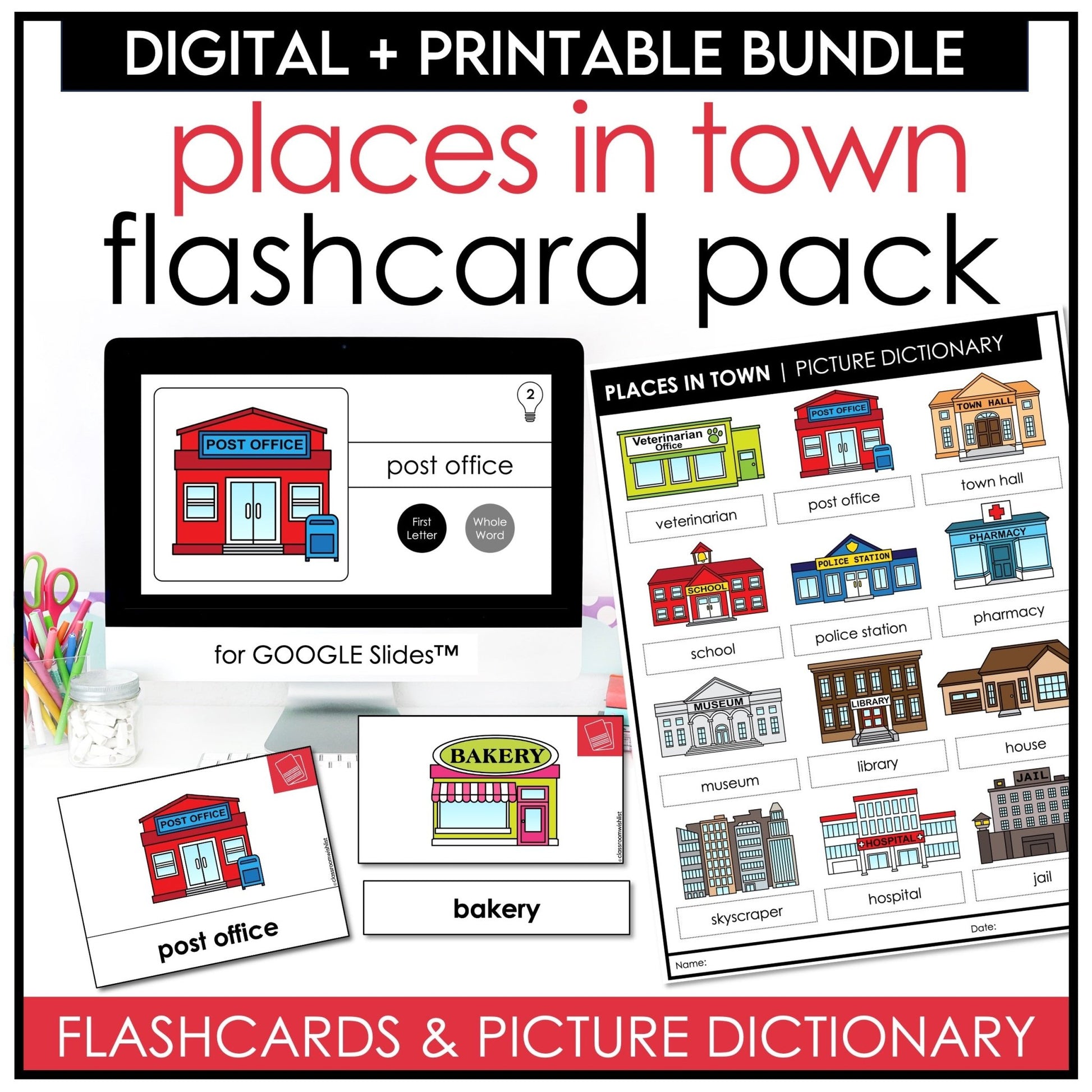 Places in Town Vocabulary Flashcards | Digital + Print | City Buildings | ESL - Hot Chocolate Teachables