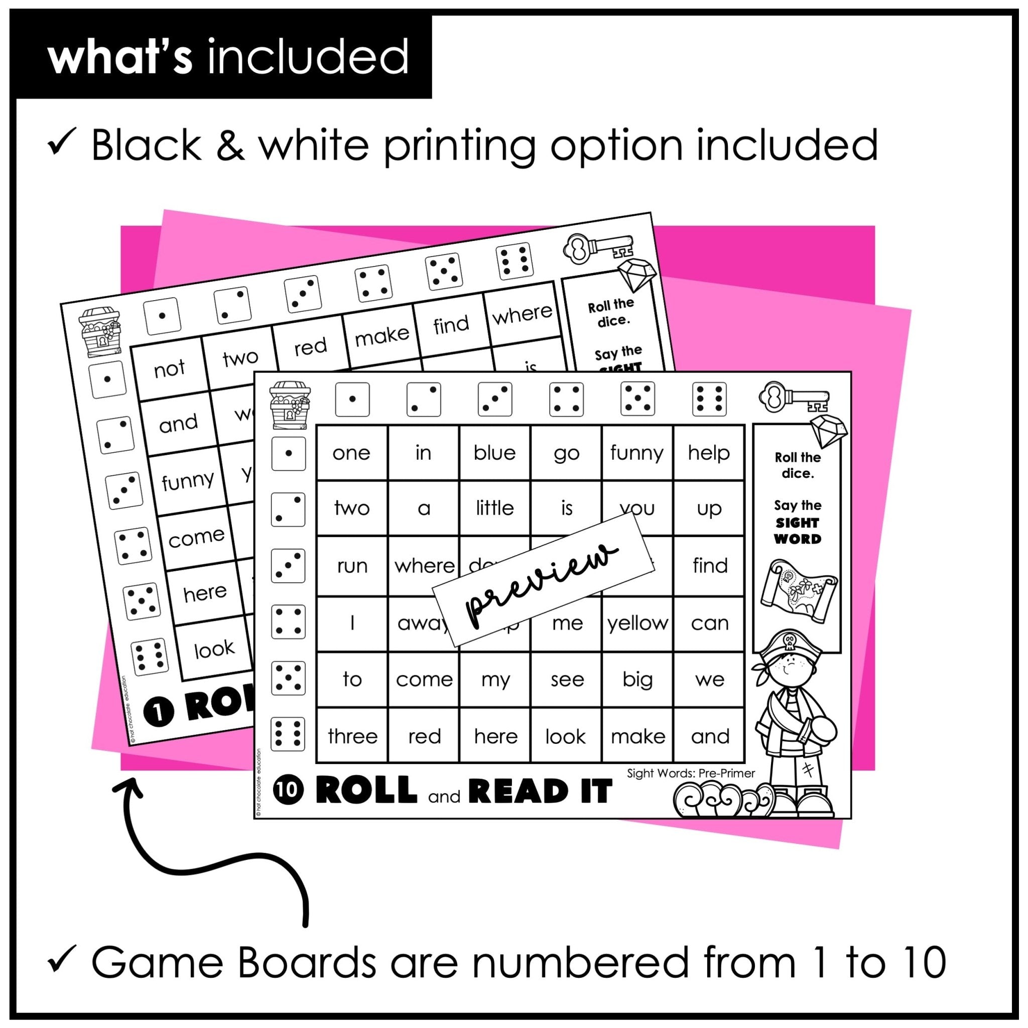 Pre - Primer Sight Words Dice Game - Dolch List Reading Game - Hot Chocolate Teachables