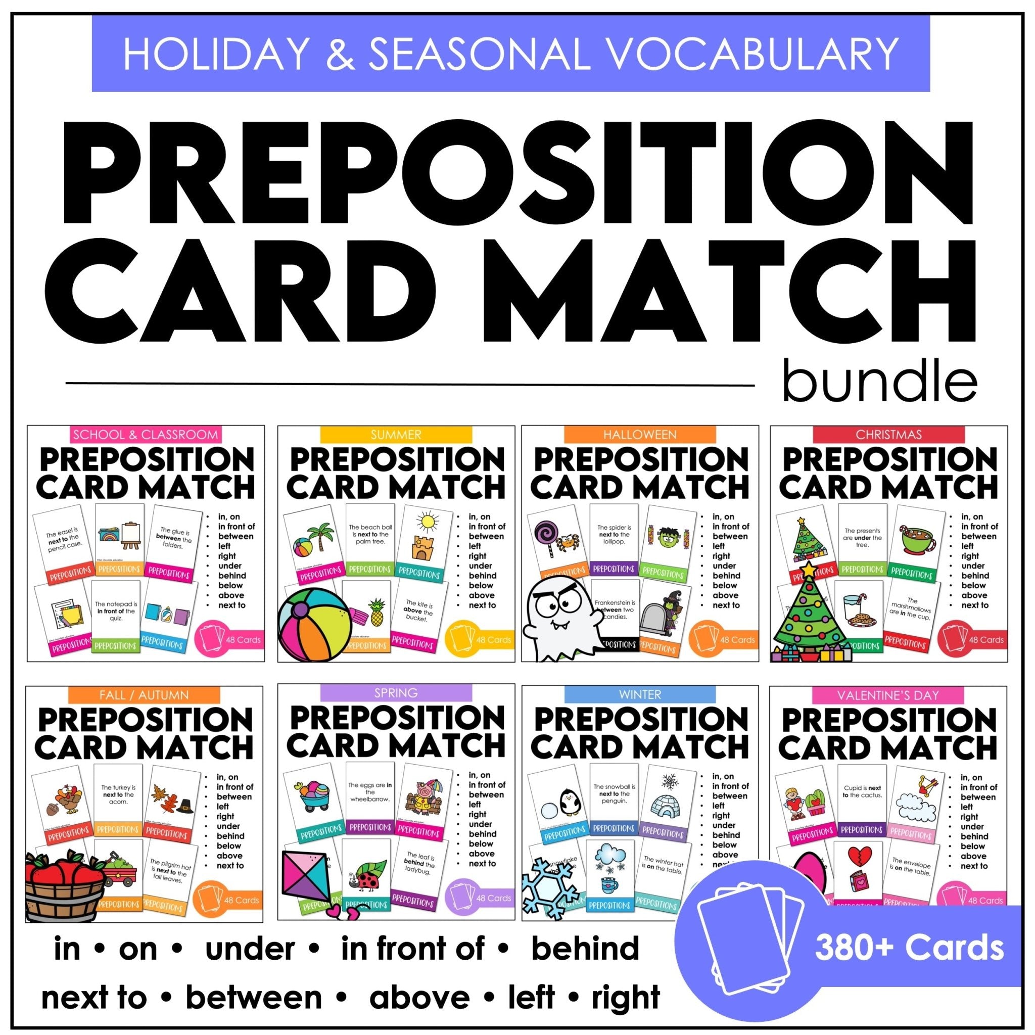 Prepositions of Place Card Match ACTIVITY BUNDLE - Seasonal Vocabulary - Hot Chocolate Teachables