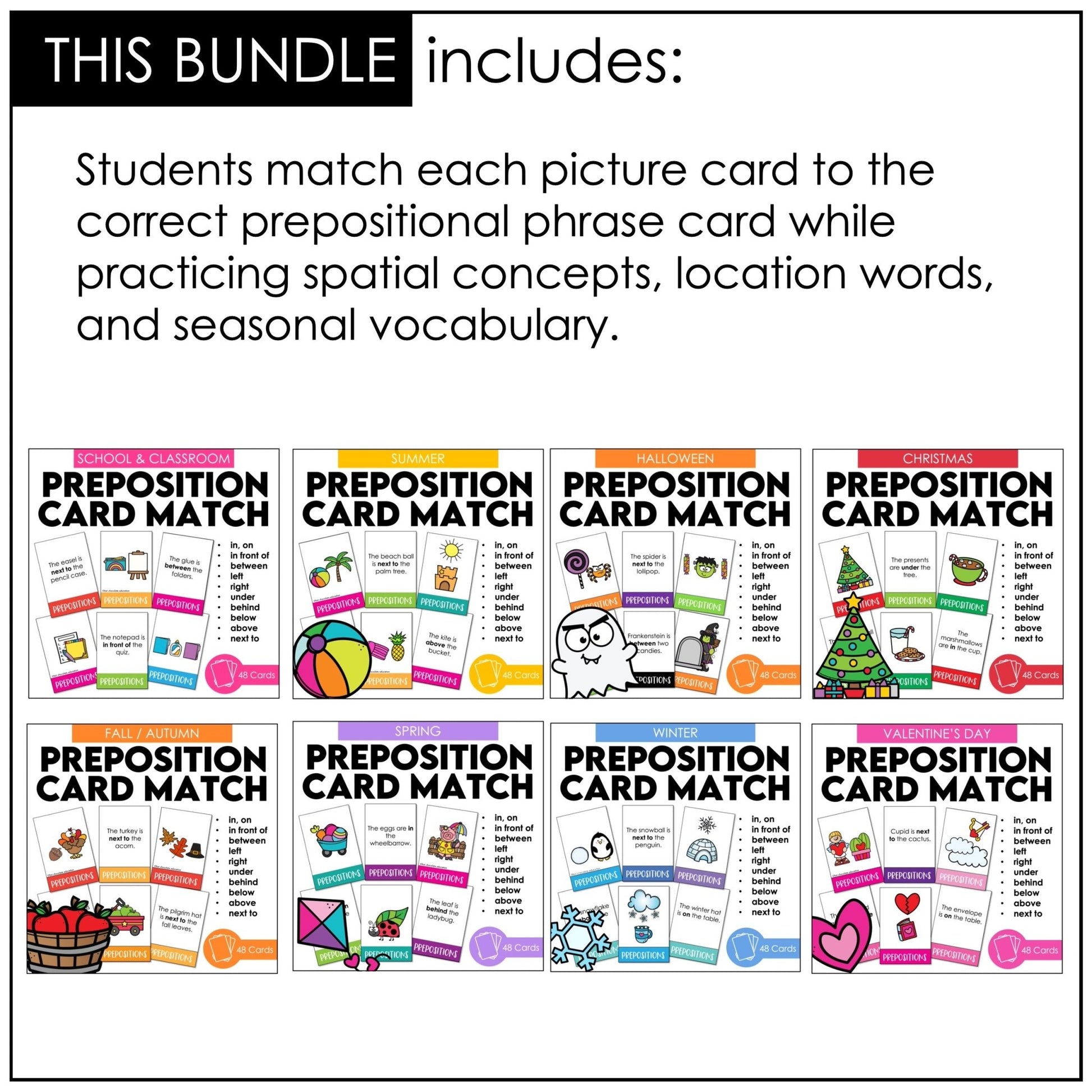 Prepositions of Place Card Match ACTIVITY BUNDLE - Seasonal Vocabulary - Hot Chocolate Teachables