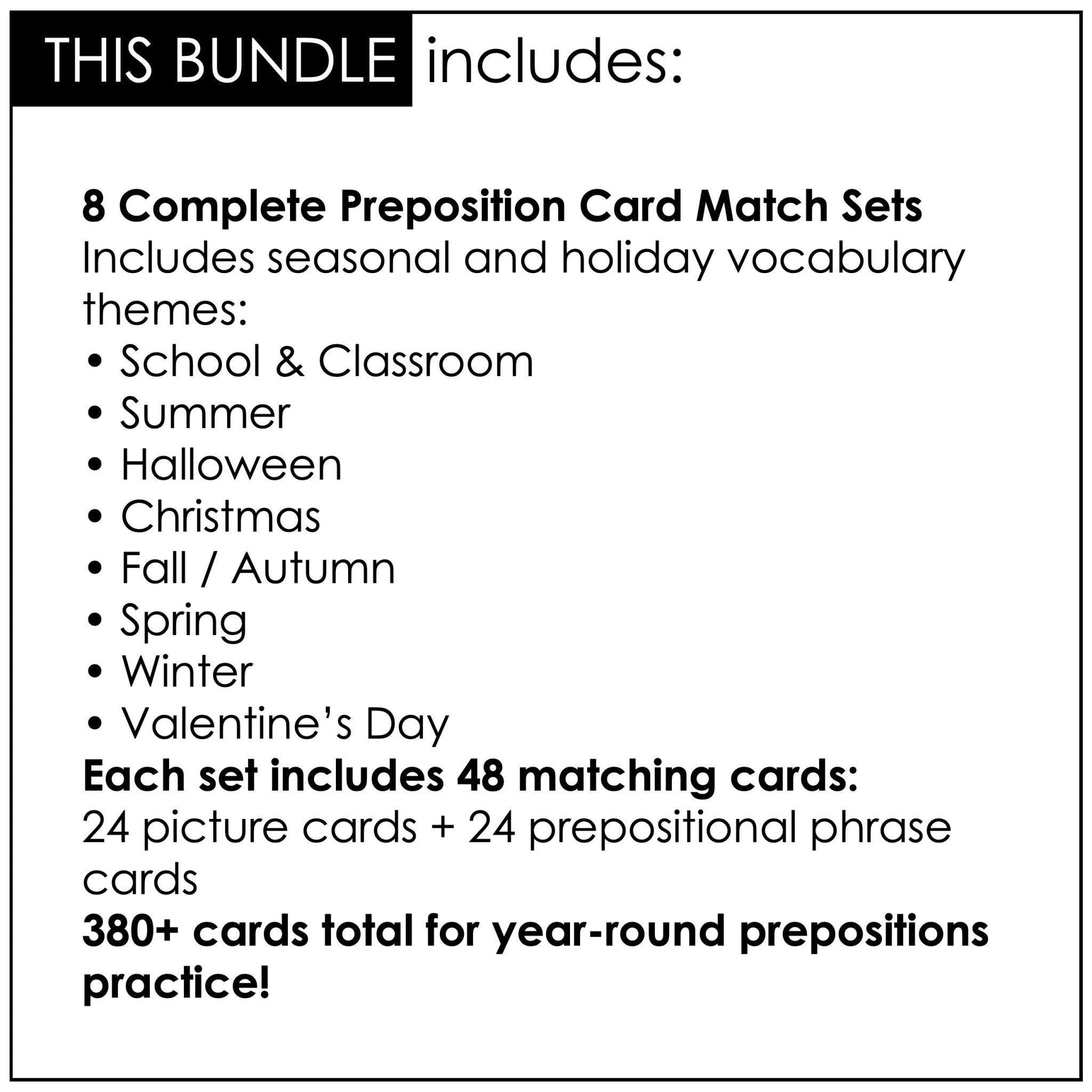 Prepositions of Place Card Match ACTIVITY BUNDLE - Seasonal Vocabulary - Hot Chocolate Teachables