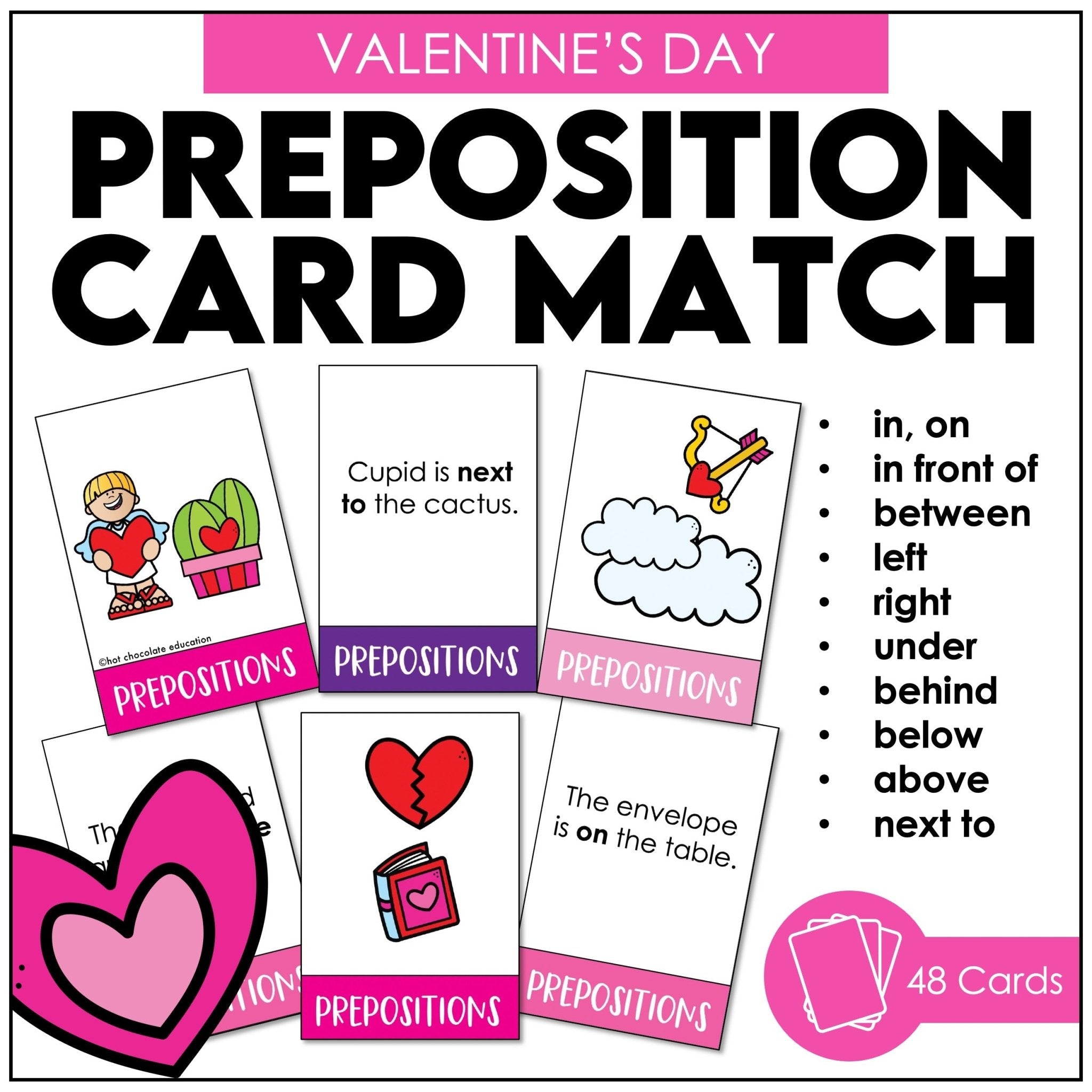 Prepositions of Place Card Match ACTIVITY BUNDLE - Seasonal Vocabulary - Hot Chocolate Teachables