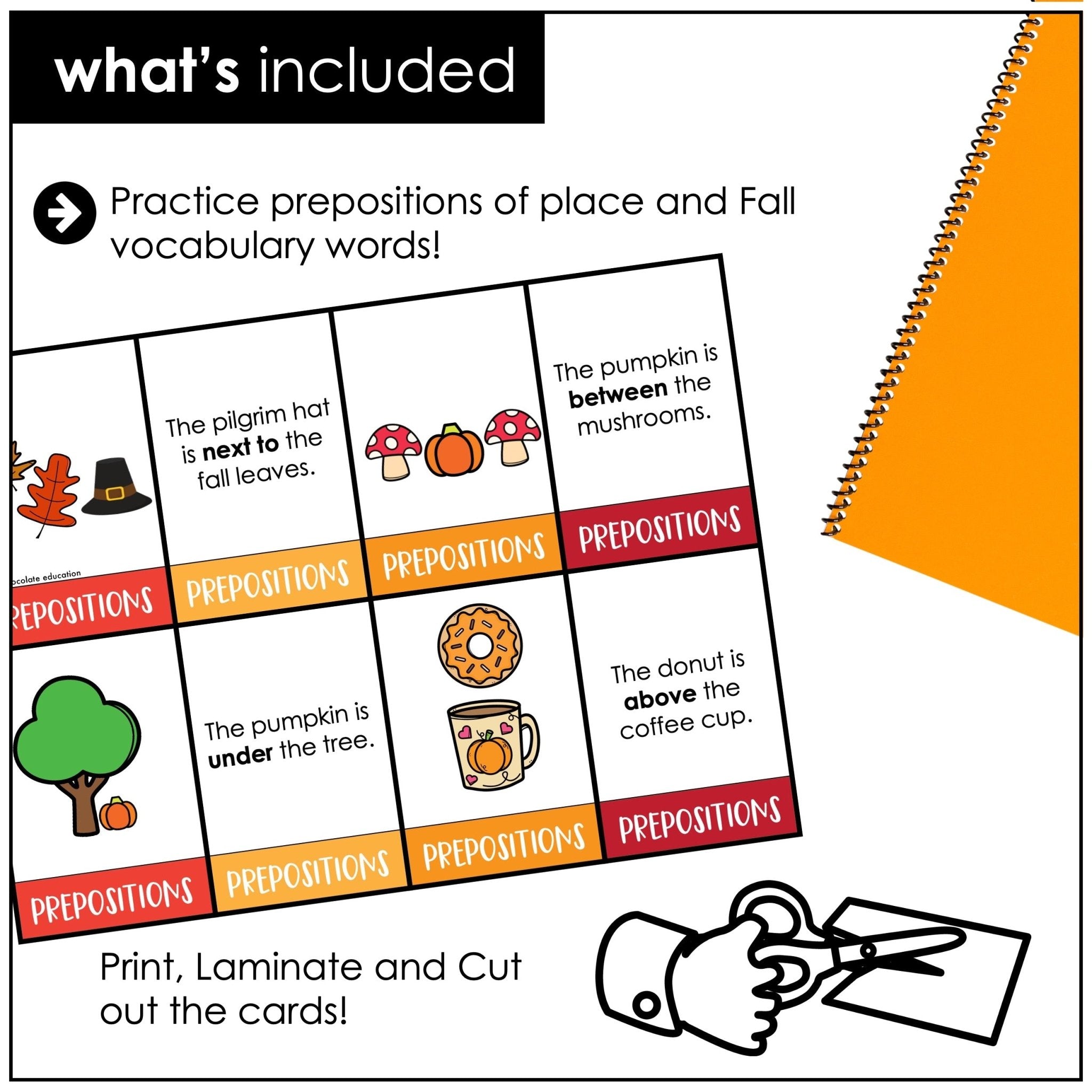 Prepositions of Place Matching Cards: Fall / Autumn Prepositional Phrase Match - Hot Chocolate Teachables