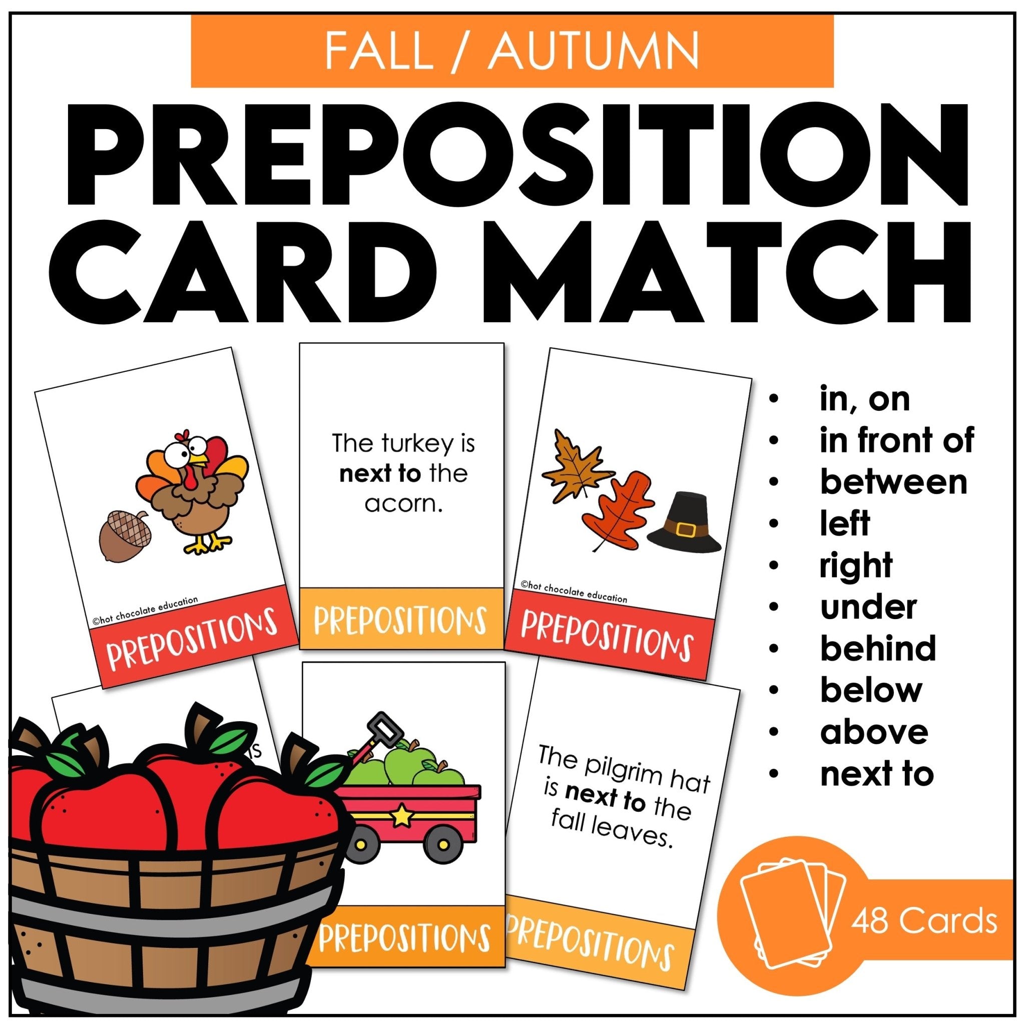Prepositions of Place Matching Cards: Fall / Autumn Prepositional Phrase Match - Hot Chocolate Teachables