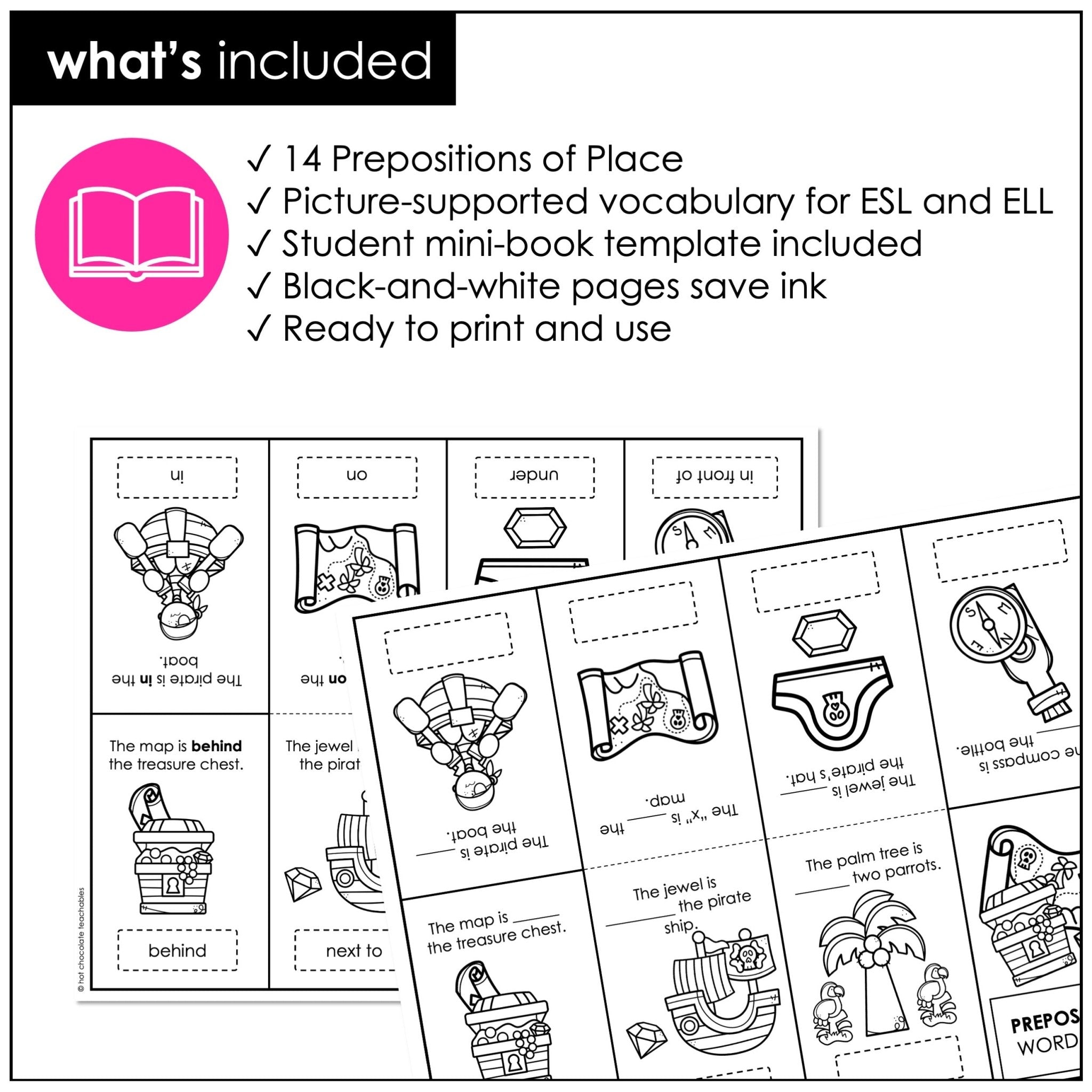 Prepositions of Place Mini Book – ESL Vocabulary Practice Foldable Dictionary - Hot Chocolate Teachables