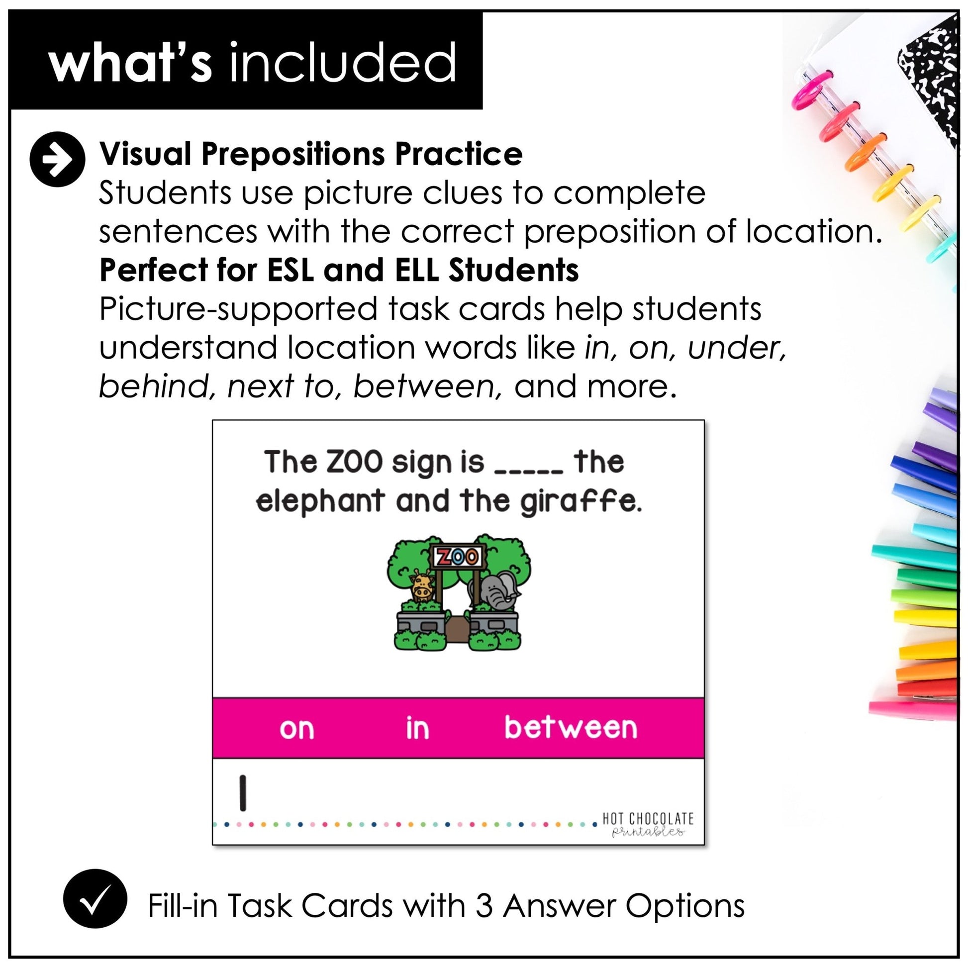 Prepositions of Place Task Cards - Hot Chocolate Teachables