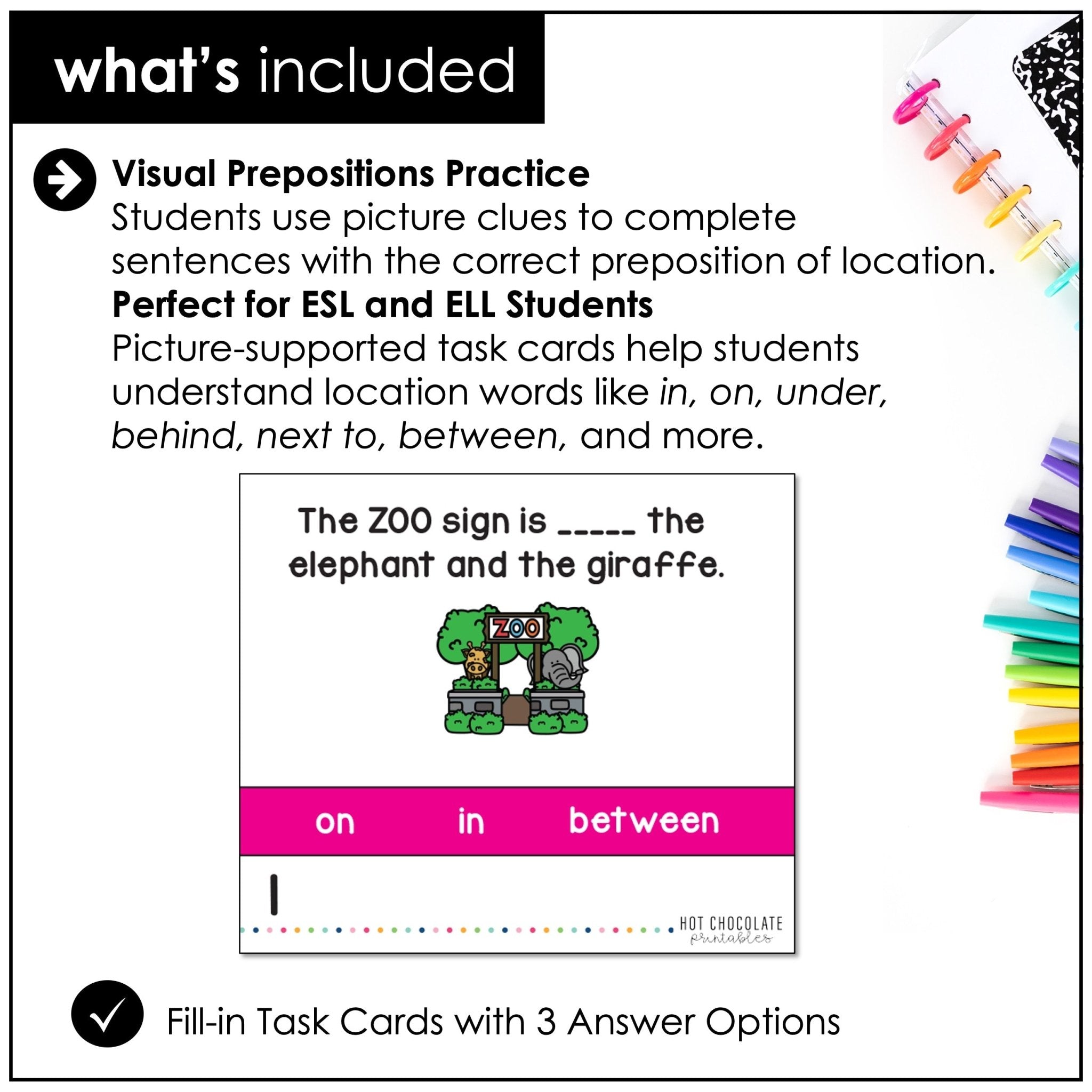 Prepositions of Place Task Cards - Hot Chocolate Teachables
