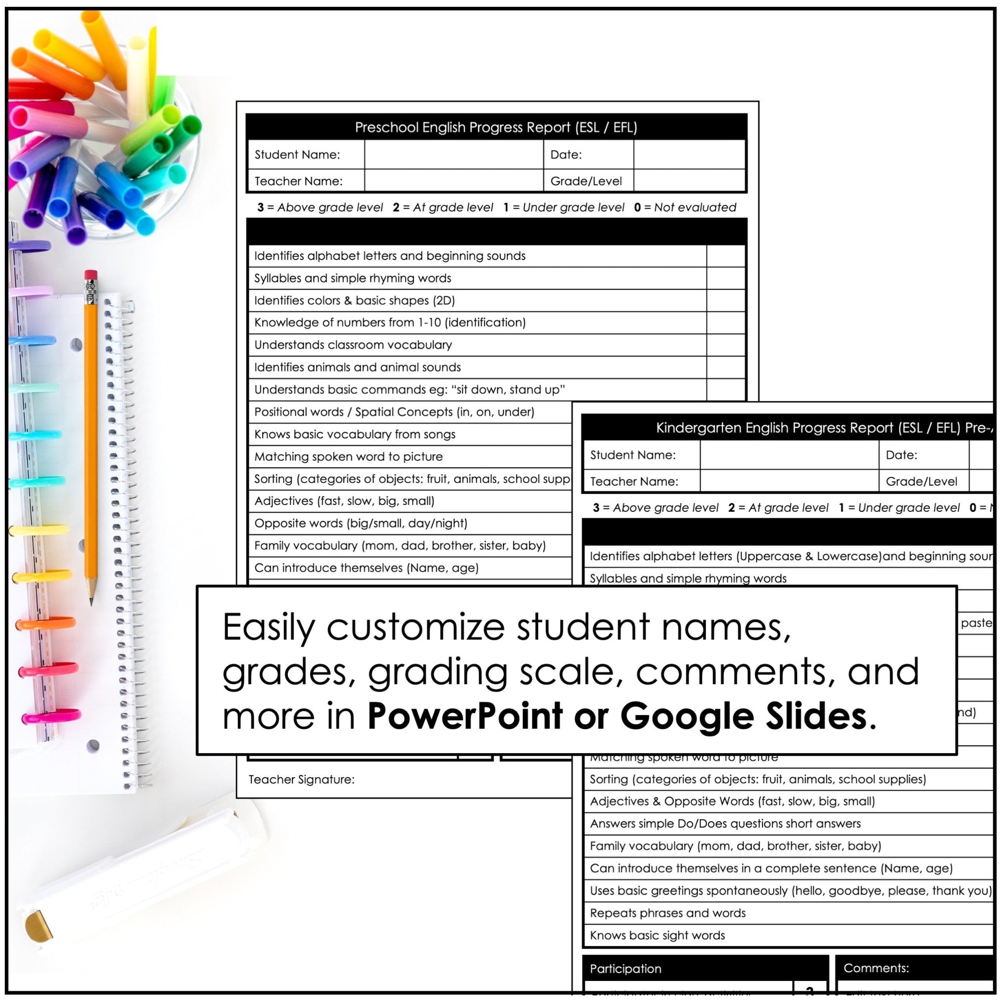 Preschool & Kindergarten ESL/EFL Progress Reports – Editable for Young Learners - Hot Chocolate Teachables
