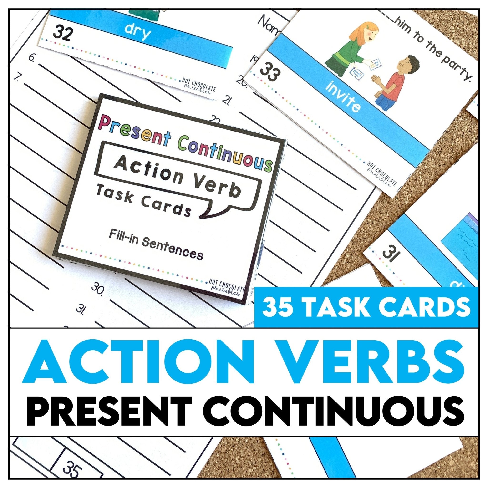 Present Continuous Task Cards : Action Verbs - Positive and Negative Sentences - Hot Chocolate Teachables
