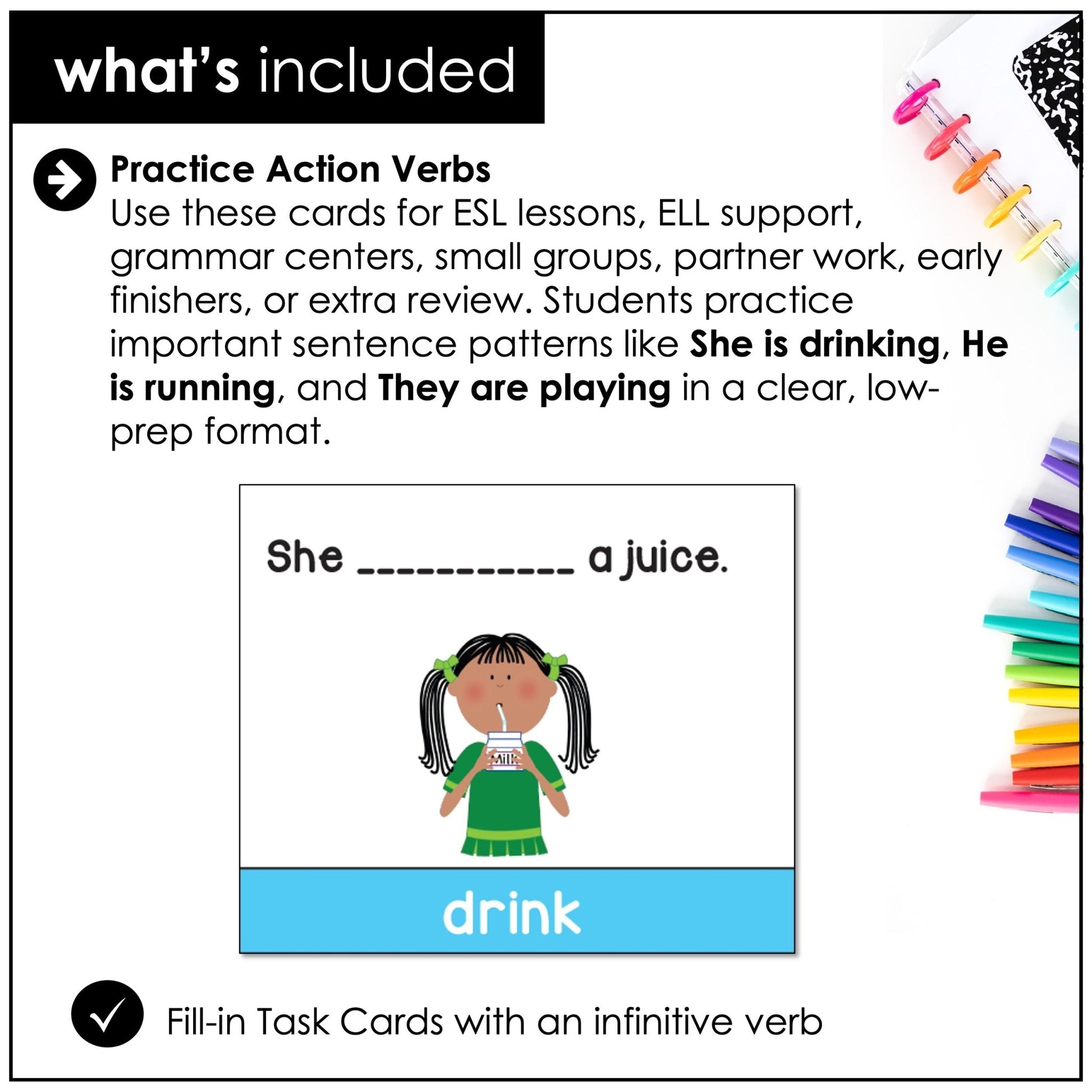Present Continuous Task Cards : Action Verbs - Positive and Negative Sentences - Hot Chocolate Teachables