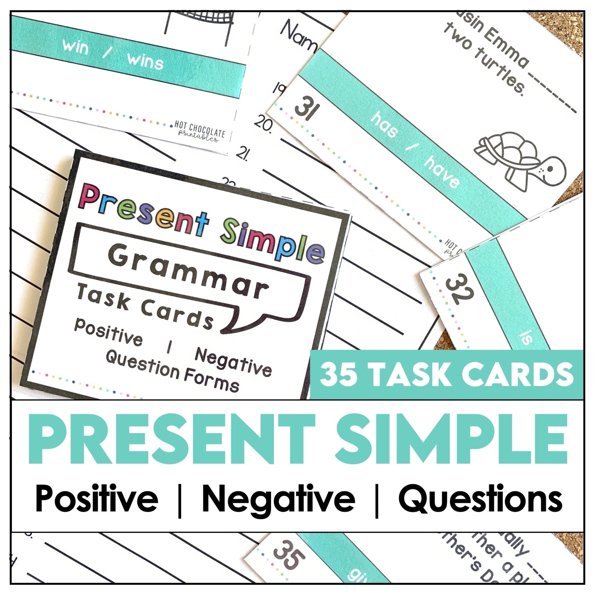 Present Simple Task Cards to practice Positive, Negative and Question Forms - Hot Chocolate Teachables