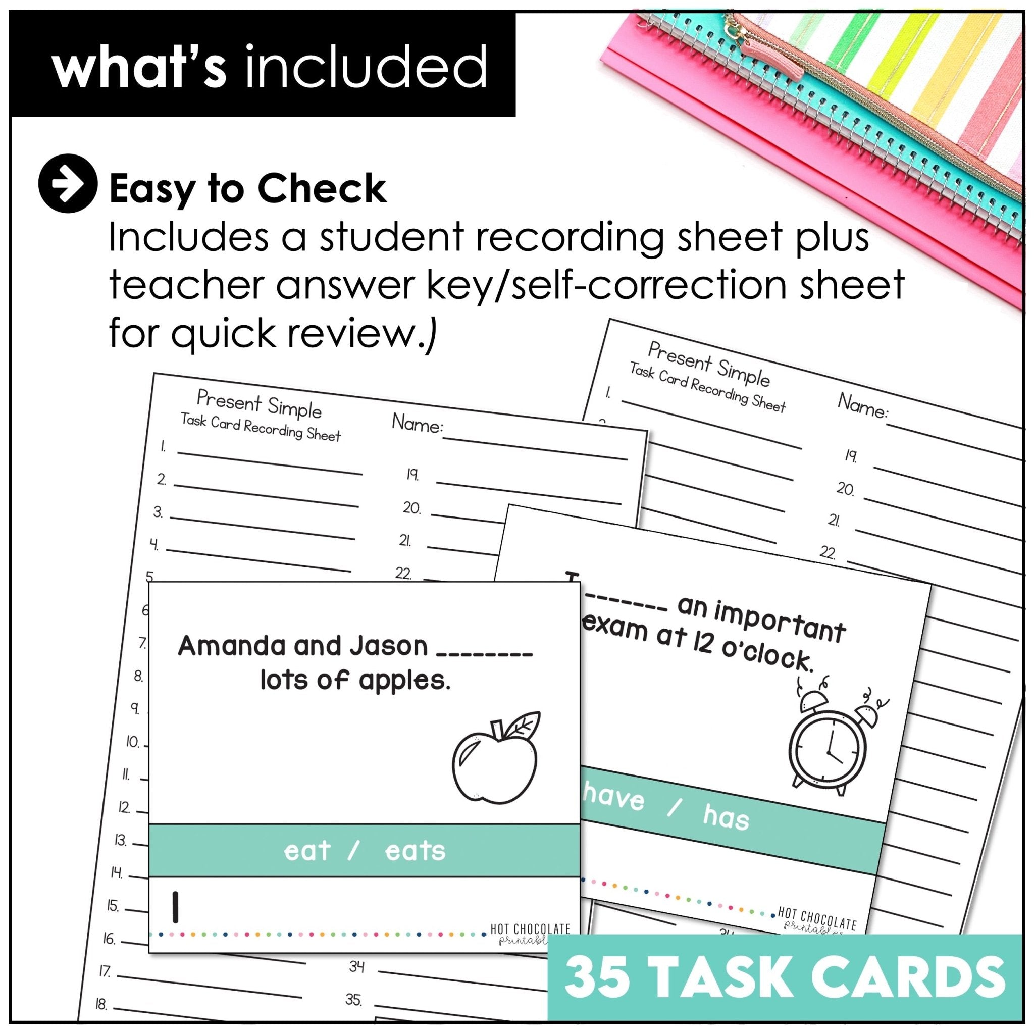 Present Simple Task Cards to practice Positive, Negative and Question Forms - Hot Chocolate Teachables