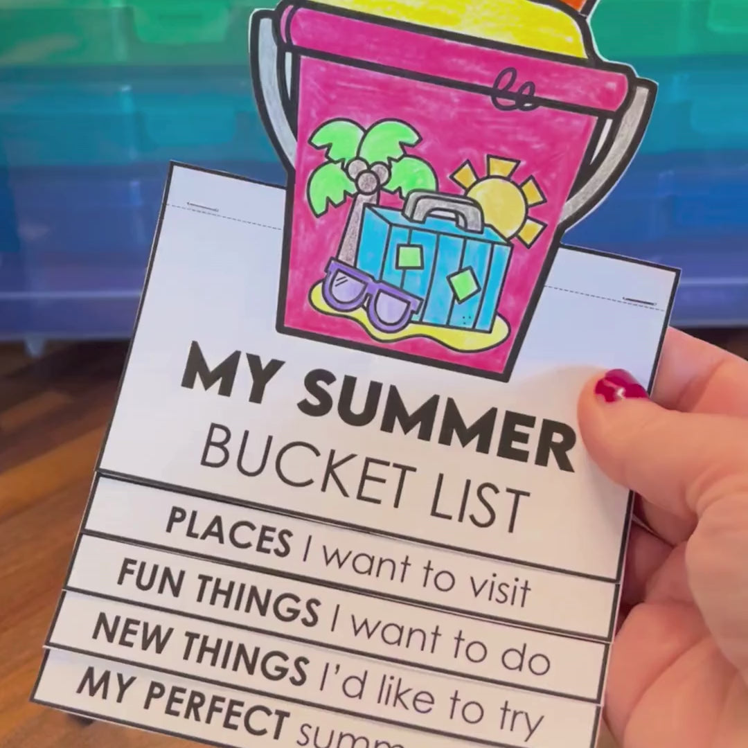 Load video: Video showing a printable Summer Bucket List craft for students. Using just two sheets of paper, students create a foldable booklet featuring summer goals, activities, and illustrations. This low-prep end-of-year classroom activity makes a fun take-home keepsake that families can enjoy together.