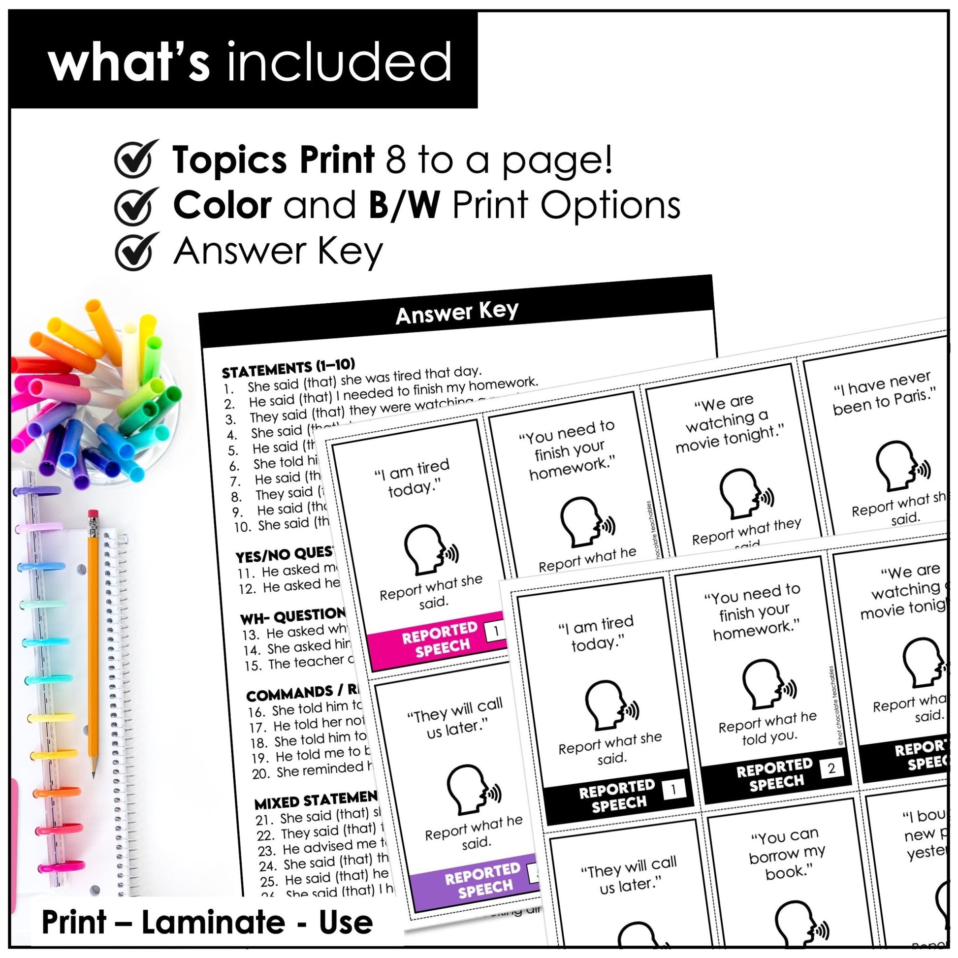 Reported Speech Task Cards – Statements, Questions & Commands ESL Grammar - Hot Chocolate Teachables
