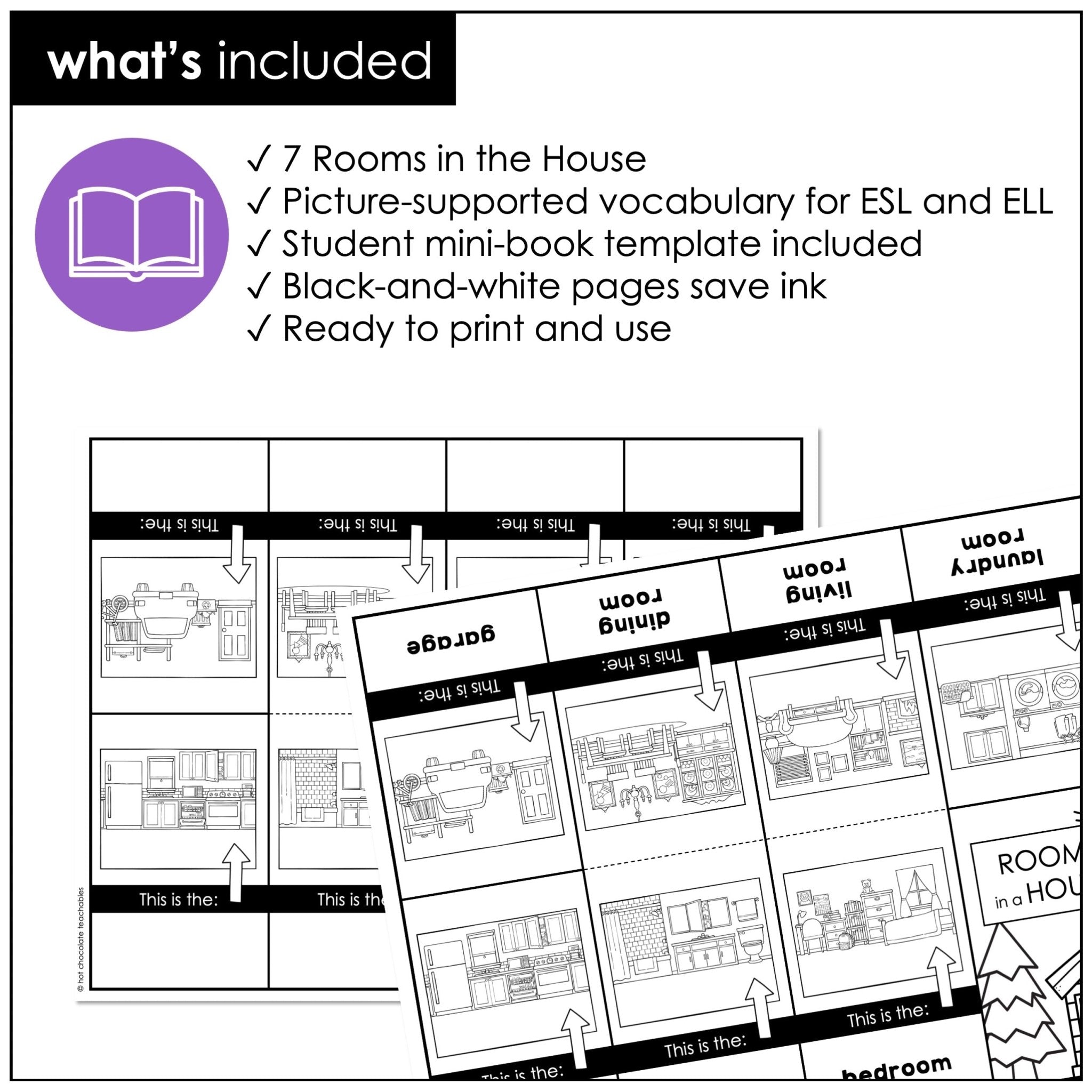 Rooms in a House Vocabulary Building Mini-Book | Picture Dictionary - Hot Chocolate Teachables