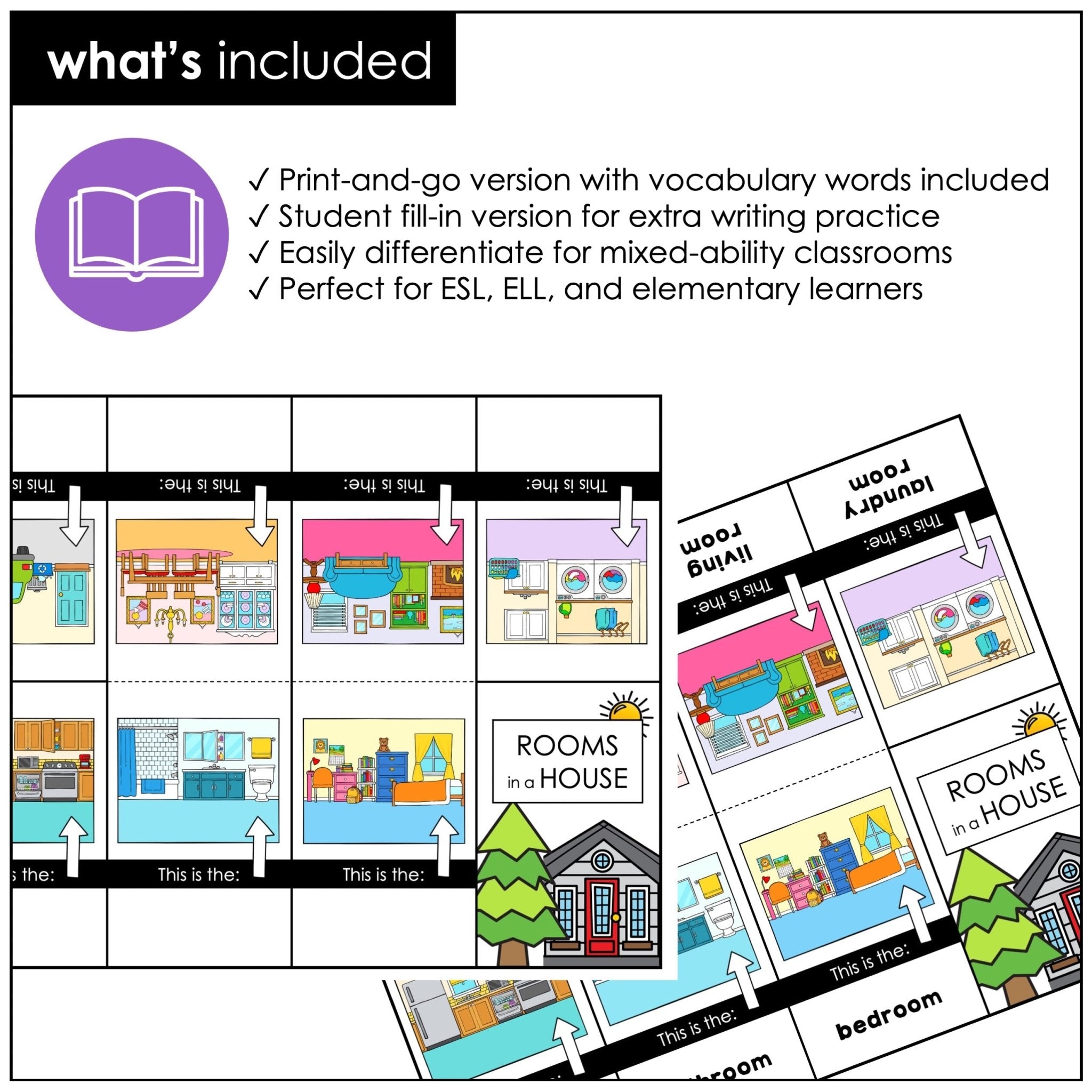 Rooms in a House Vocabulary Building Mini-Book | Picture Dictionary - Hot Chocolate Teachables