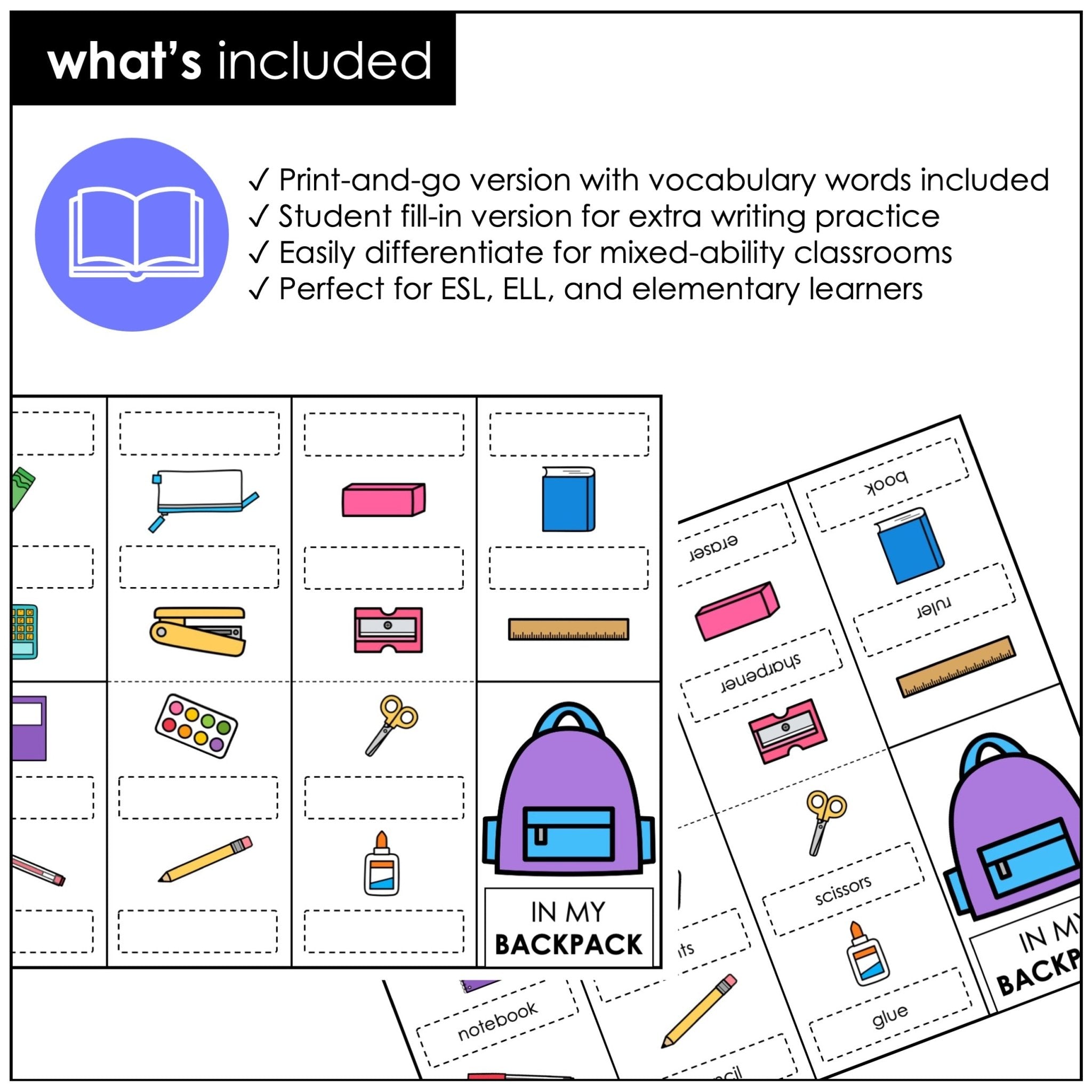 School Supplies Vocabulary Mini-Book | Classroom Vocabulary Picture Dictionary - Hot Chocolate Teachables